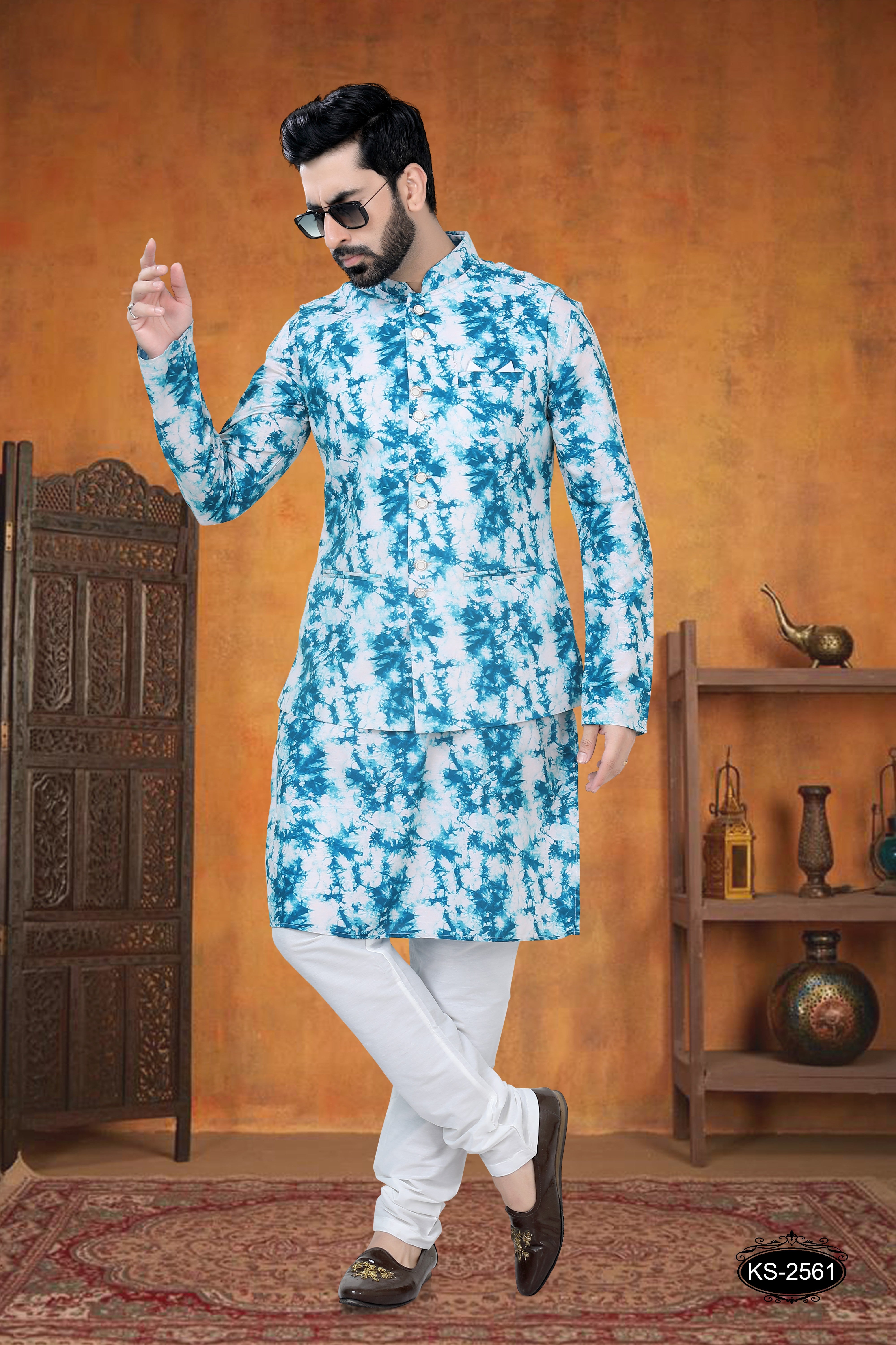 KURTA JACKET SET IN BLUE TONE WITH  SELF-DESIGN