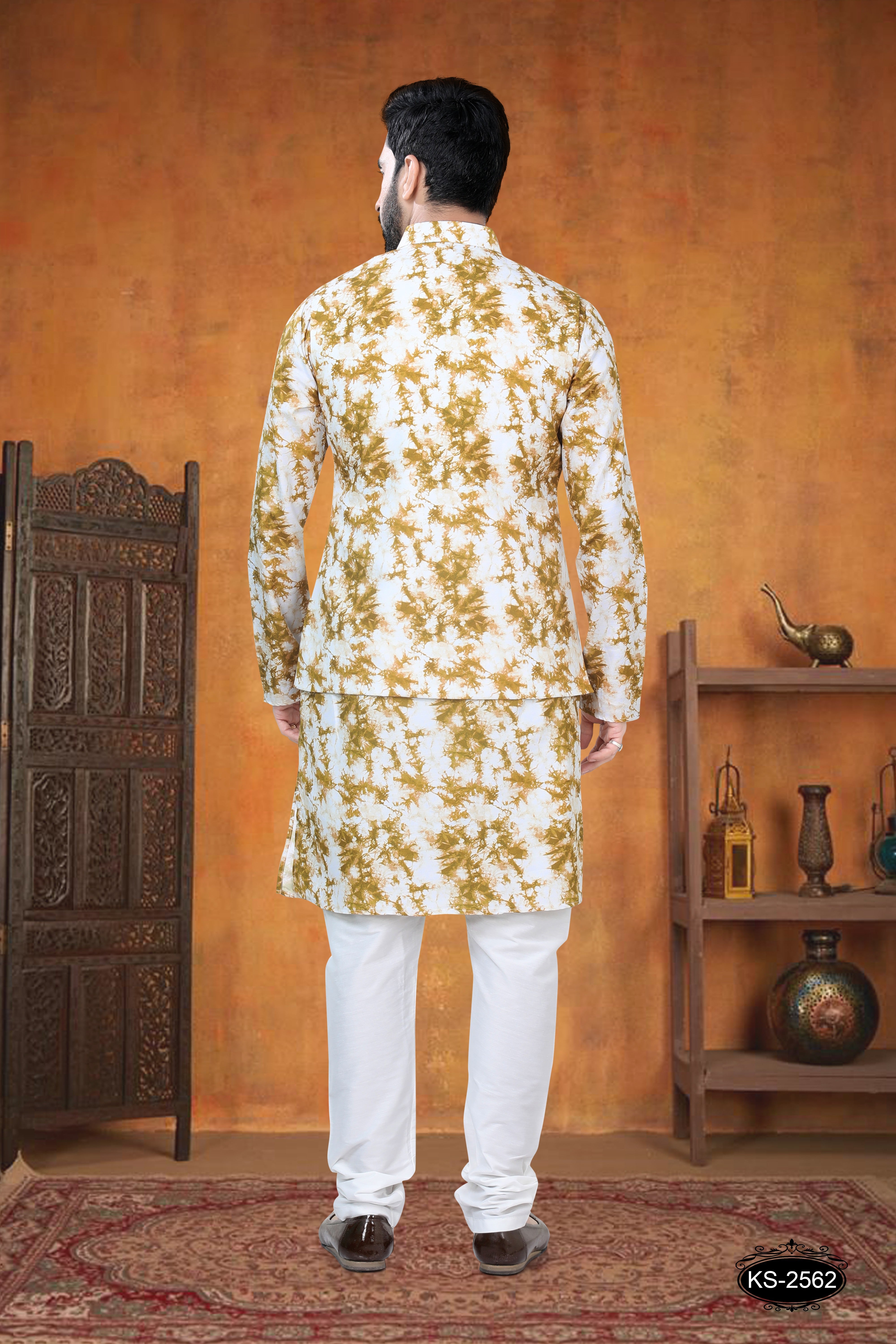 MUSTERED-YELLOW TONE JACKET KURTA SET WITH SELF-DESIGN