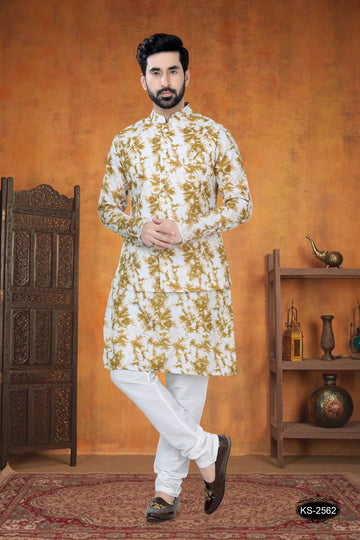 MUSTERED-YELLOW TONE JACKET KURTA SET WITH SELF-DESIGN