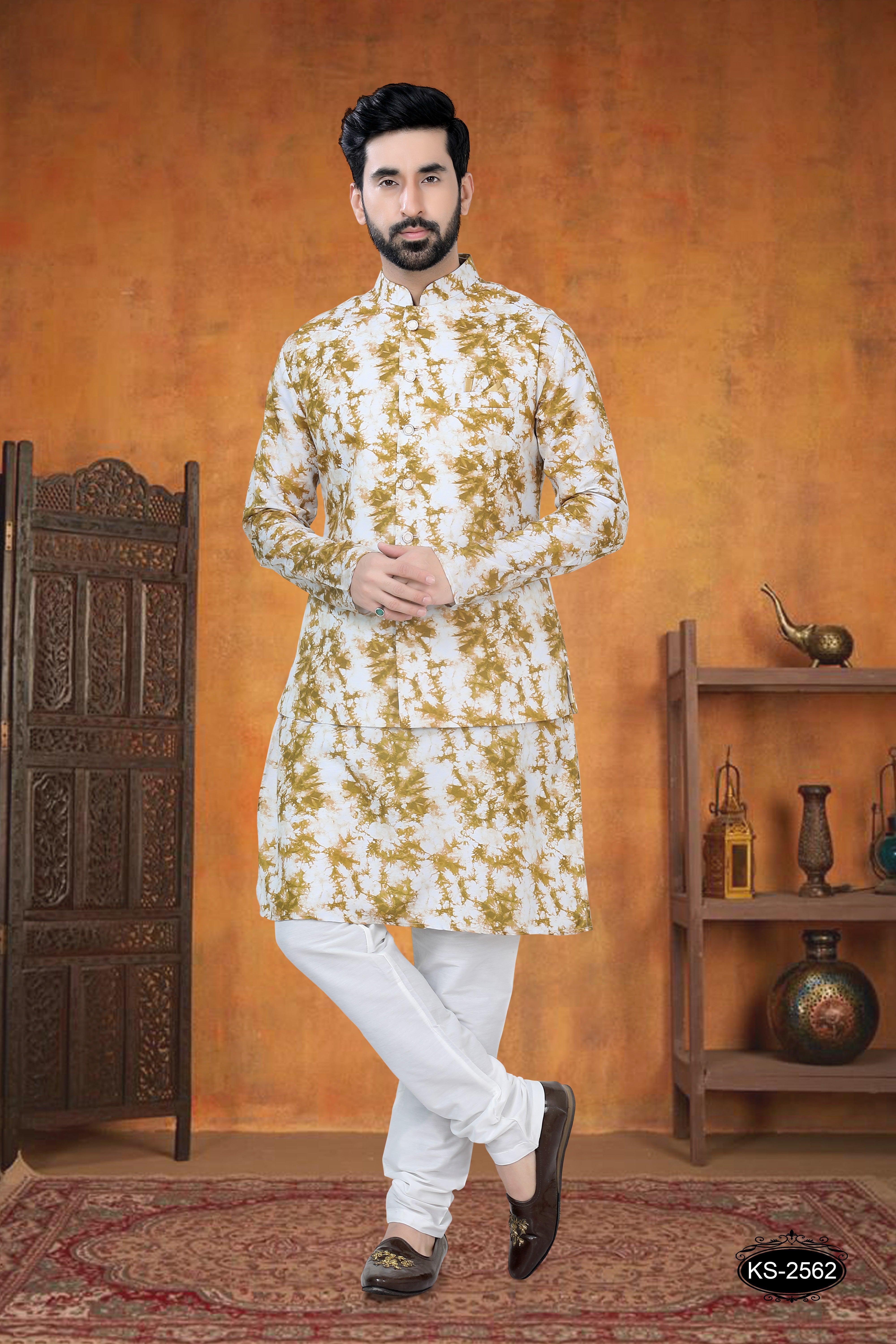 MUSTERED-YELLOW TONE JACKET KURTA SET WITH SELF-DESIGN