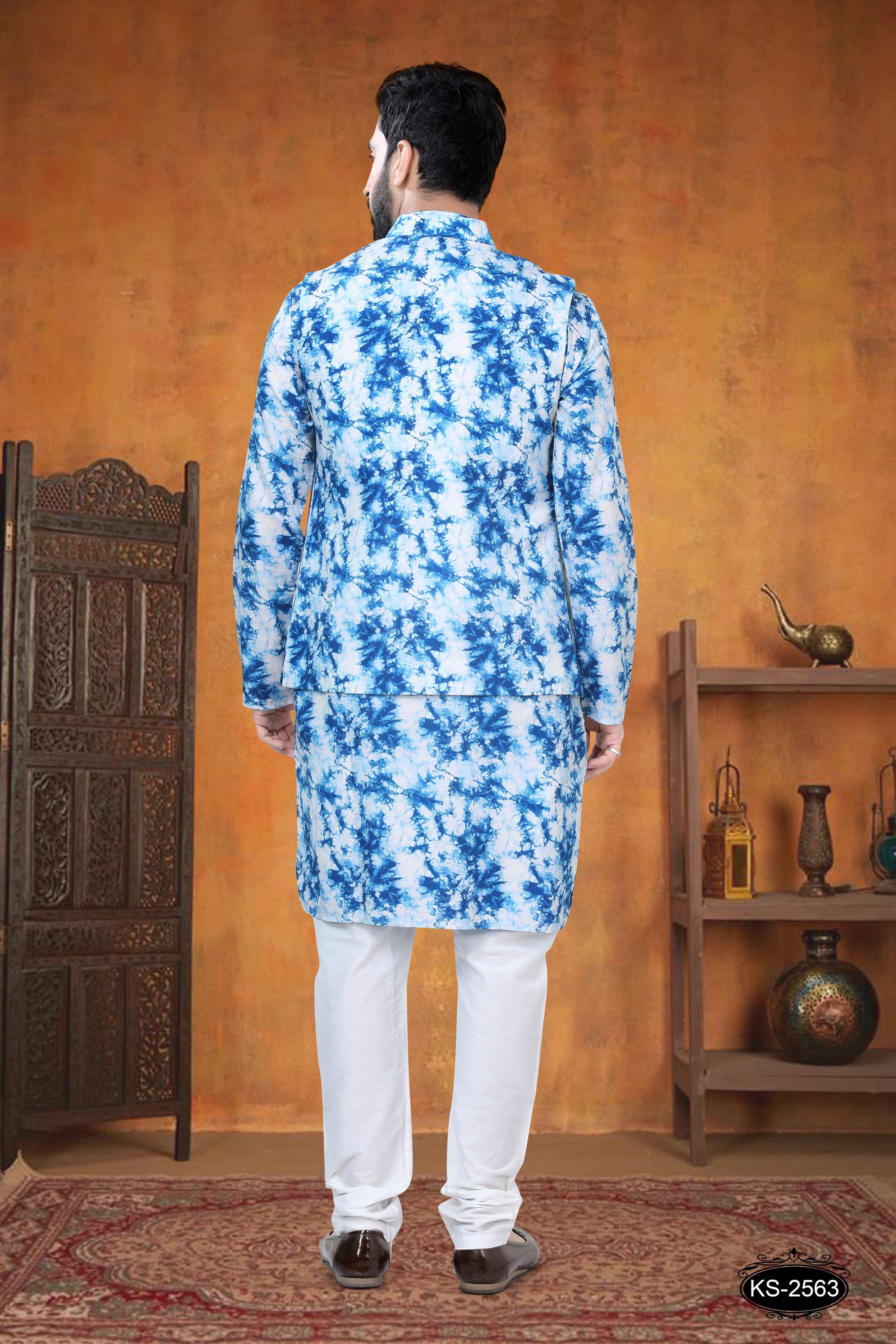 JACKET KURTA SET IN BLUE WITH UNIQUE SELF-DESIGN