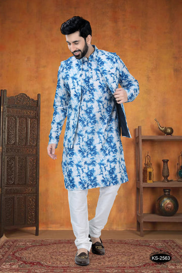 JACKET KURTA SET IN BLUE WITH UNIQUE SELF-DESIGN