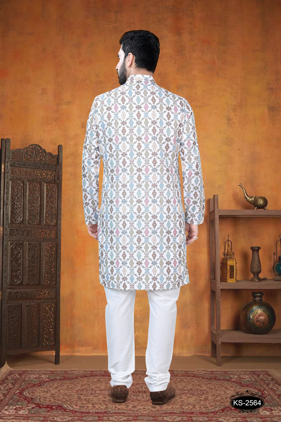 WHITE-BASE ( MULTI-TONE ) KURTA SET WITH SELF-DESIGN