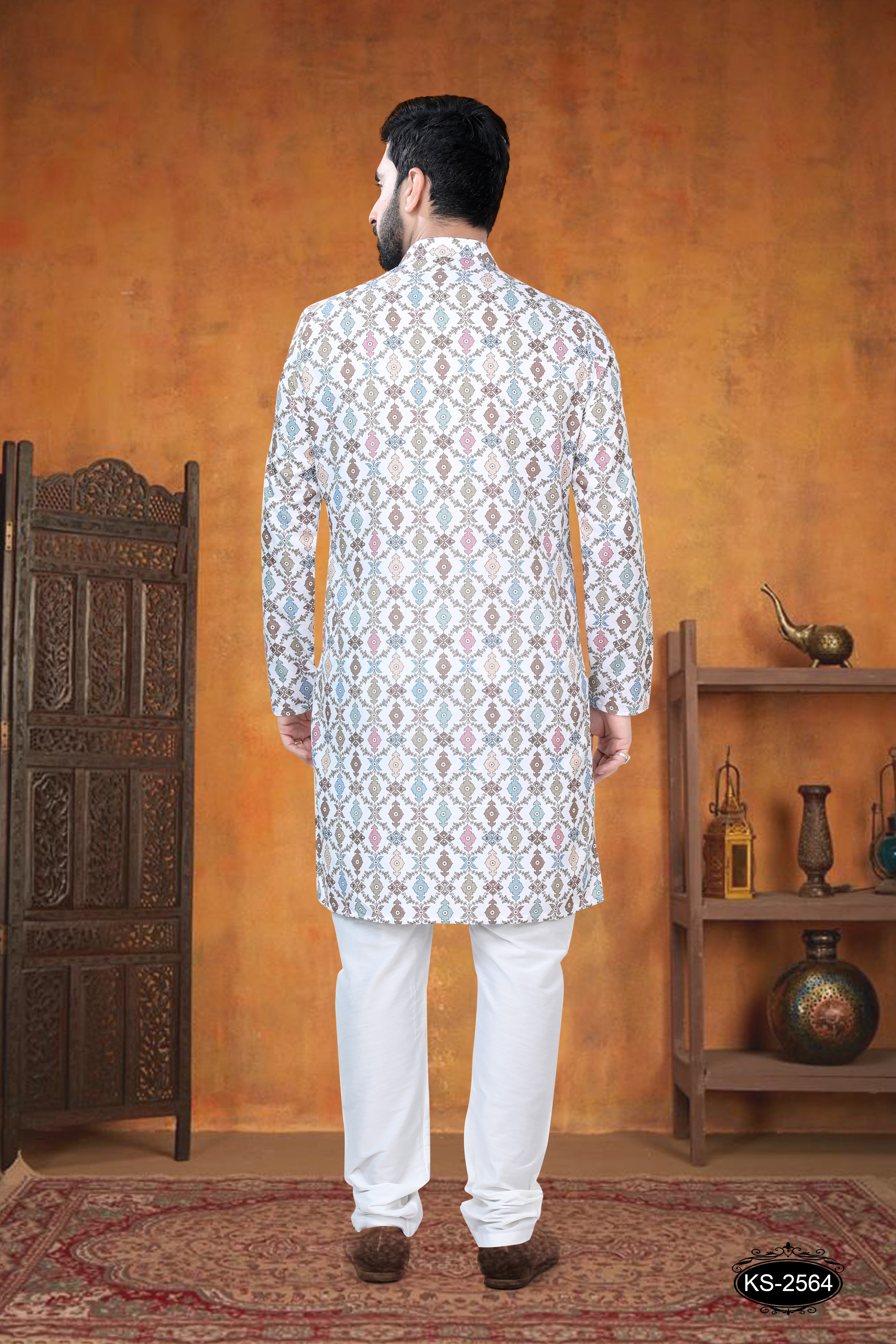 WHITE-BASE ( MULTI-TONE ) KURTA SET WITH SELF-DESIGN