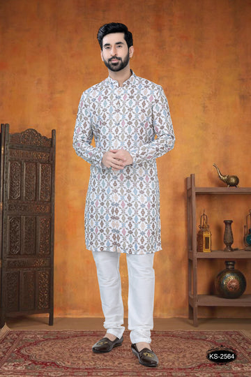 WHITE-BASE ( MULTI-TONE ) KURTA SET WITH SELF-DESIGN