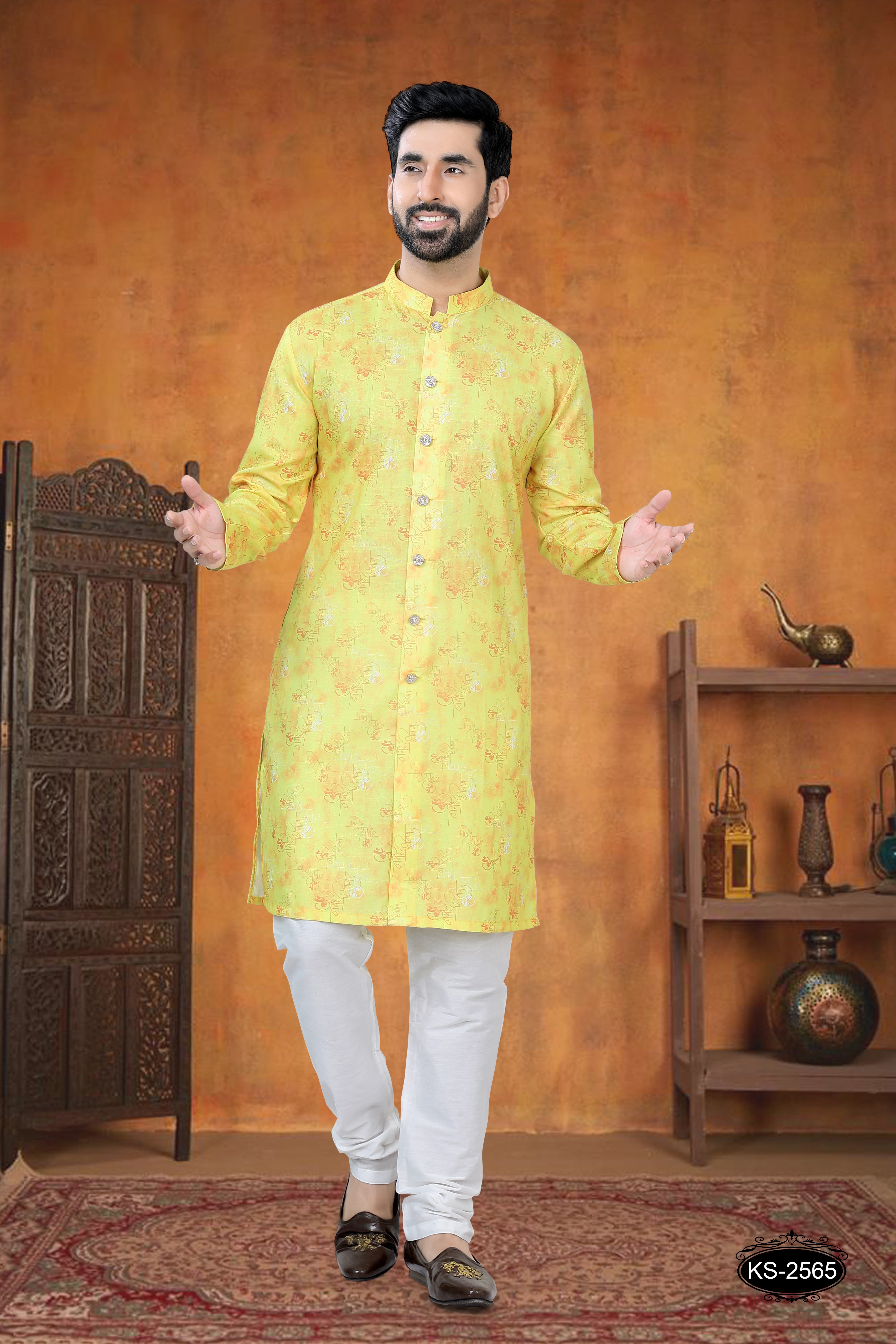 KURTA SET IN YELLOW TONE WITH UNIQUE SELF-DESIGN