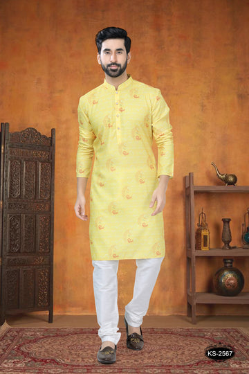 YELLOW HUE KURTA SET WITH SELF-DESIGN