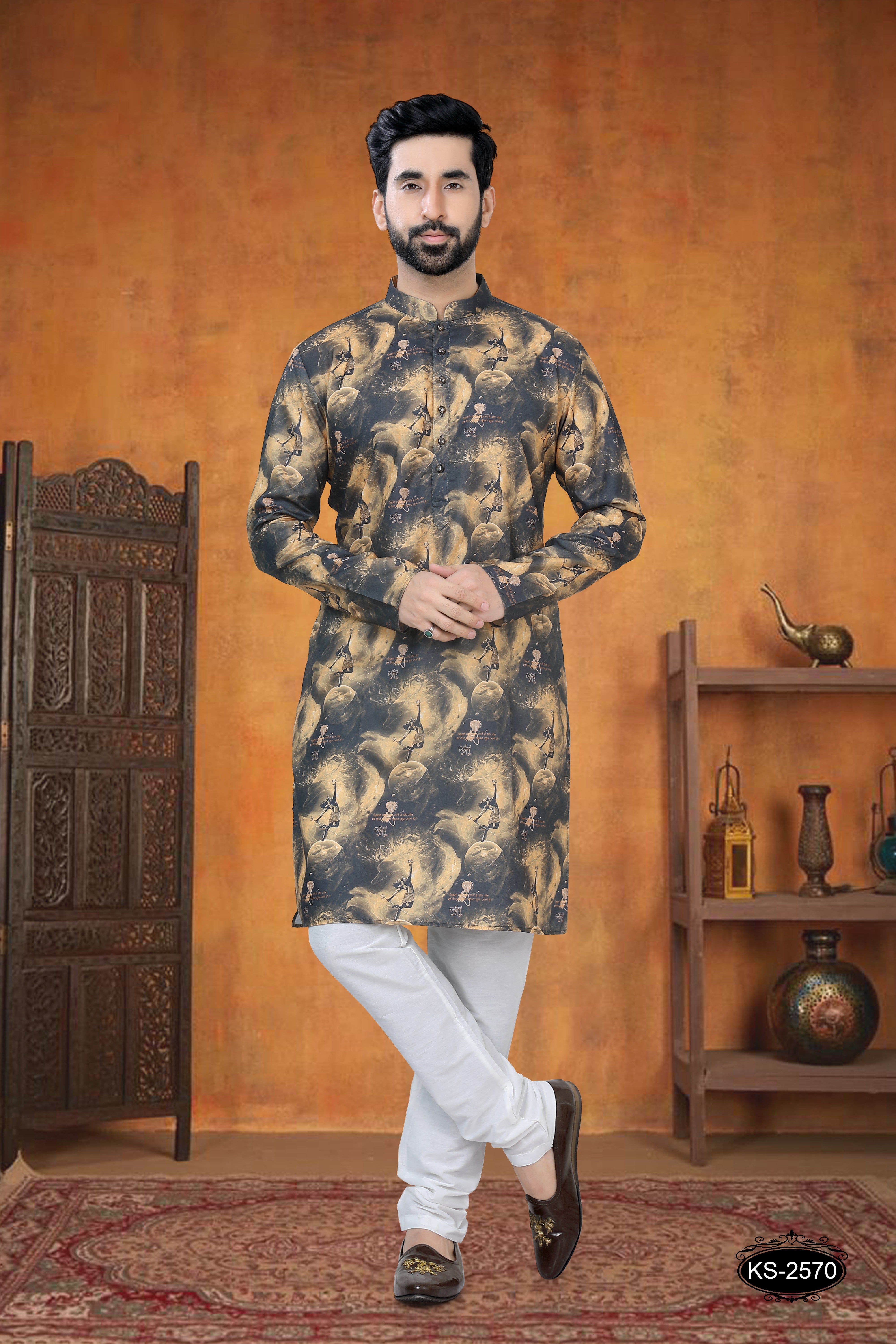 BLACK & YELLOW KURTA SET WITH UNIQUE SELF-DESIGN