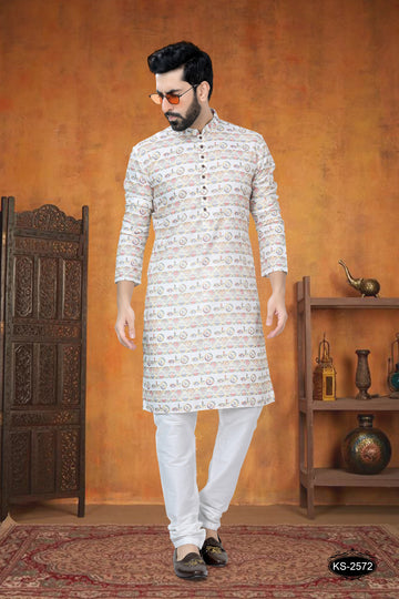 WHITE ( MULTI-TONE ) KURTA SET WITH SELF-DESIGN