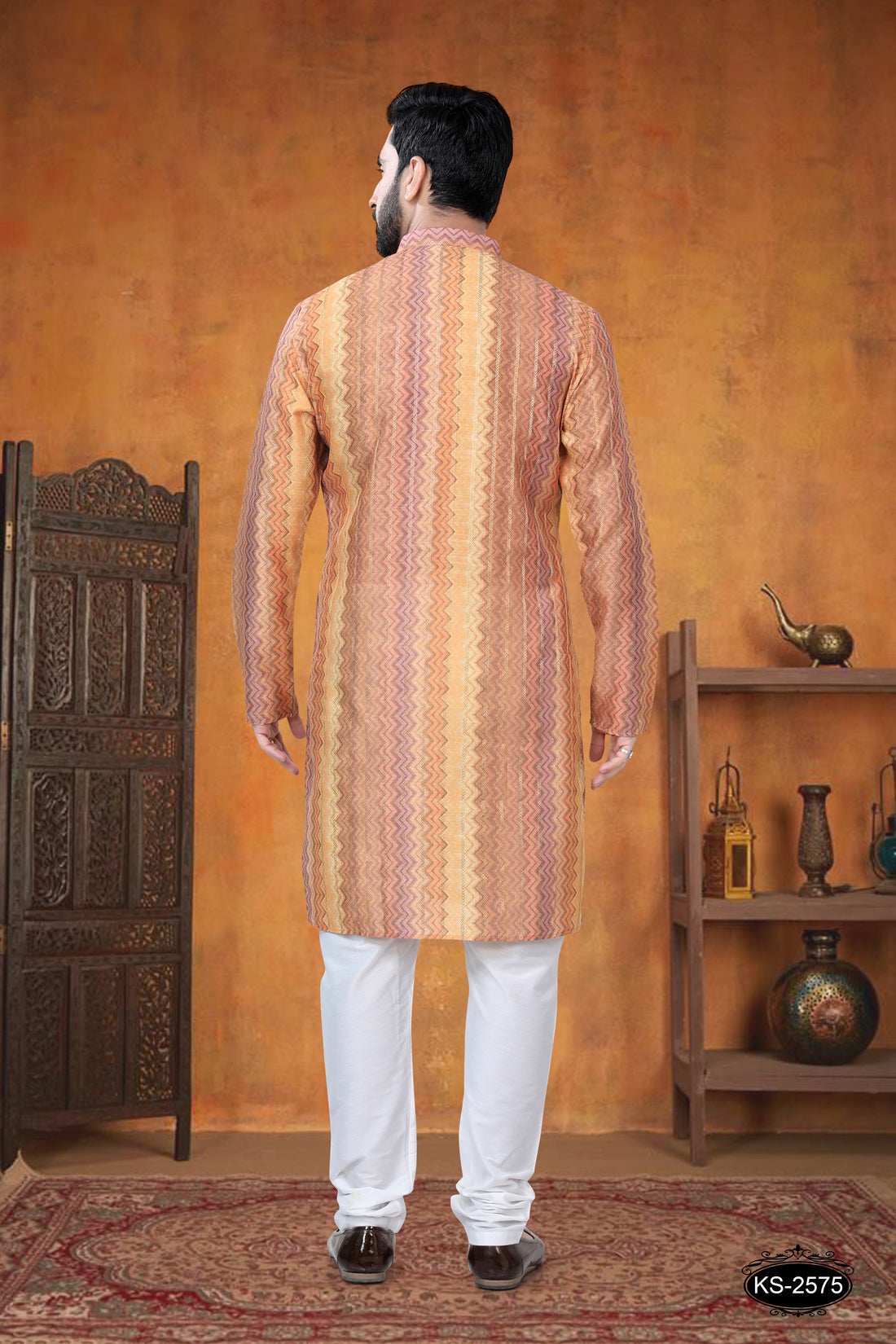 KURTA SET WITH SELF-DESIGN IN ORANGE & YELLOW TONE