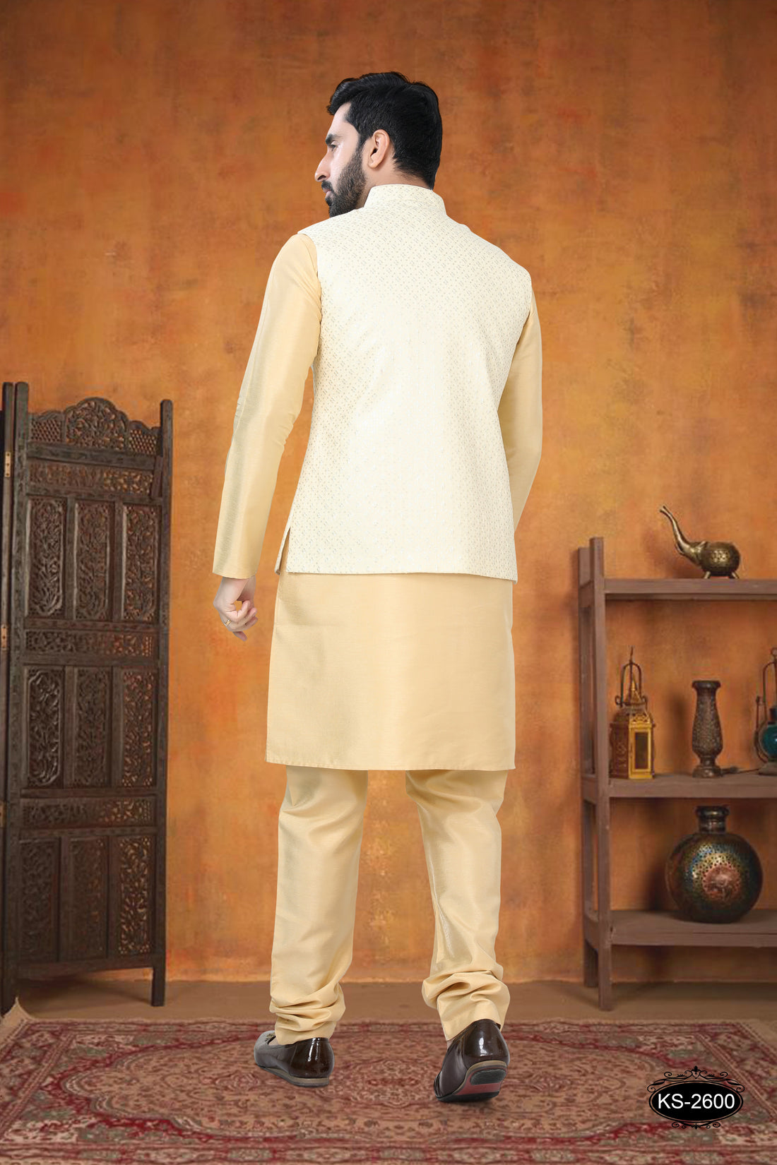THREAD EMBROIDERY CREAM JACKET WITH GOLD KURTA SET