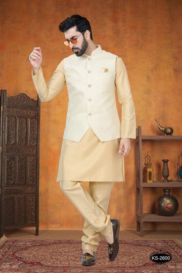 THREAD EMBROIDERY CREAM JACKET WITH GOLD KURTA SET