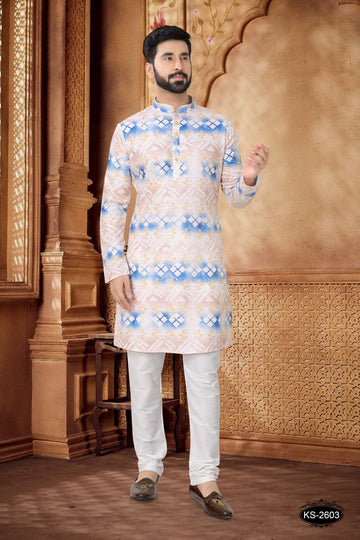 CREAM-BASE KURTA SET WITH FOIL-PRINT ALL-OVER