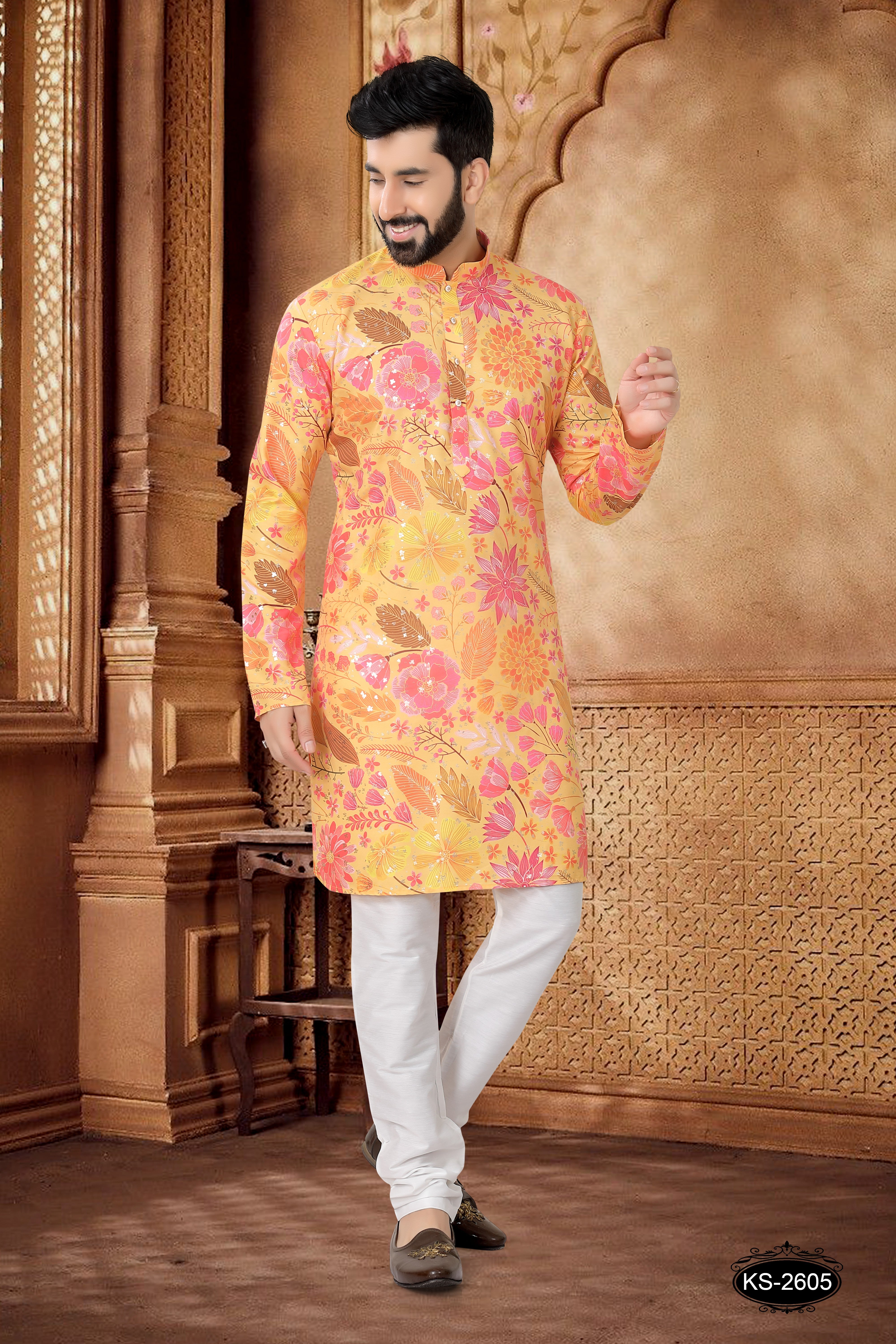 KURTA SET IN YELLOW WITH FOIL PRINT
