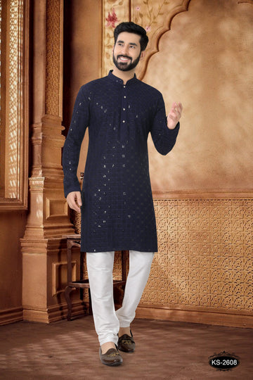 LAKHNAVI  KURTA SET IN BLUE TONE WITH THREAD EMBROIDERY