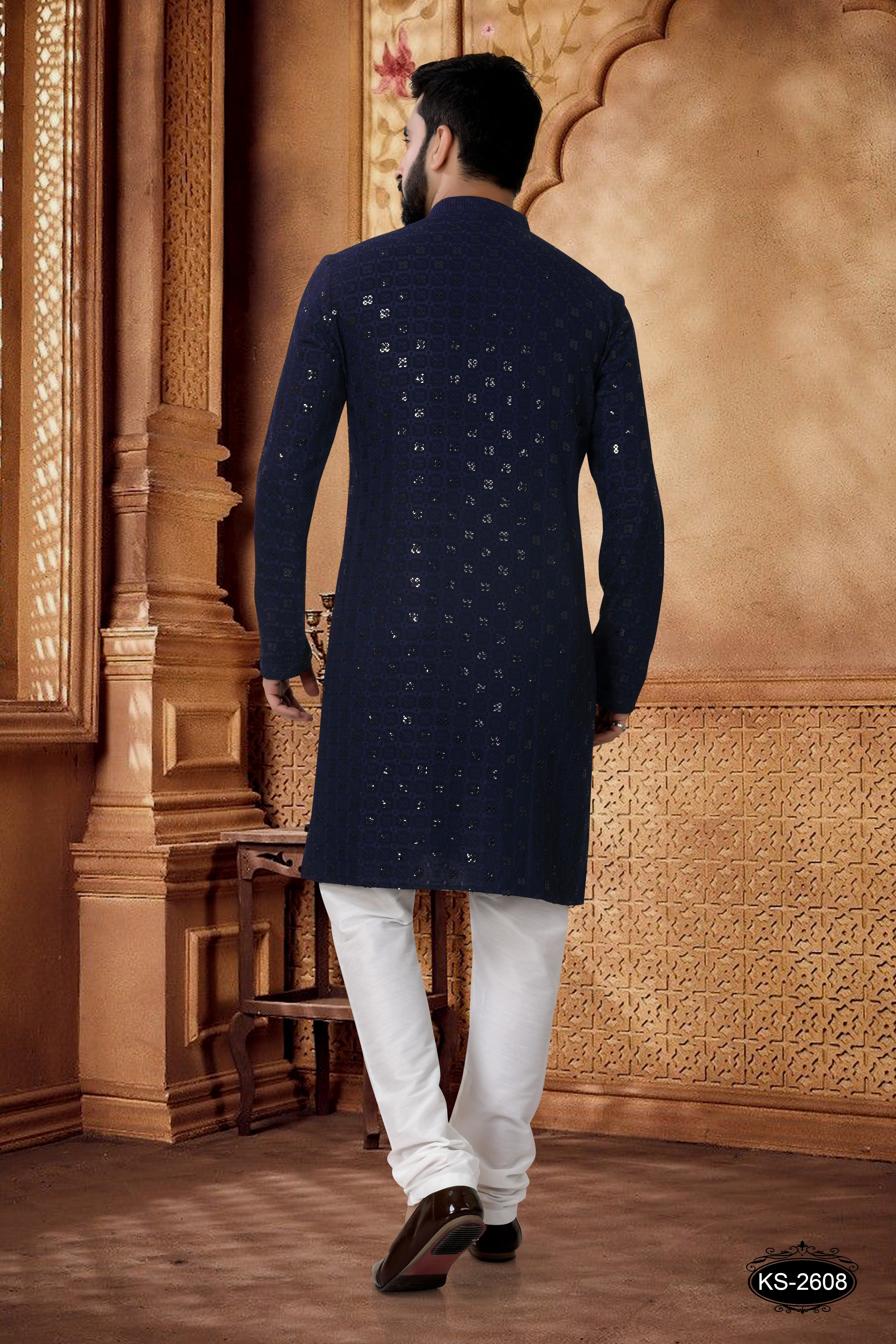 LAKHNAVI  KURTA SET IN BLUE TONE WITH THREAD EMBROIDERY