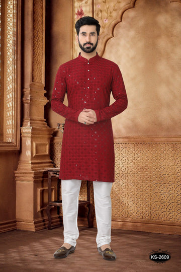 MAROON KURTA SET IN LAKHNAVI WITH THREAD EMBROIDERY ALL-OVER