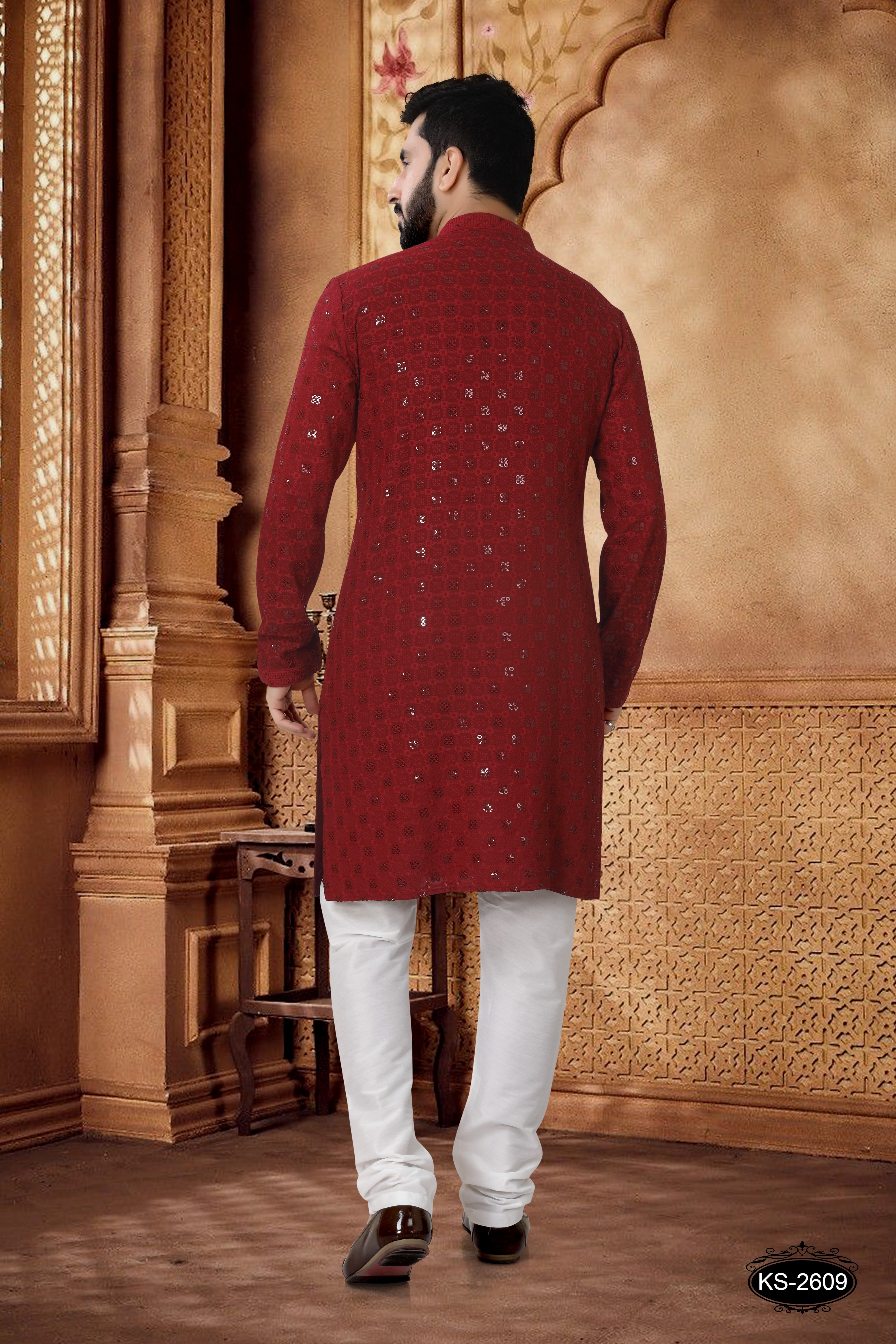 MAROON KURTA SET IN LAKHNAVI WITH THREAD EMBROIDERY ALL-OVER
