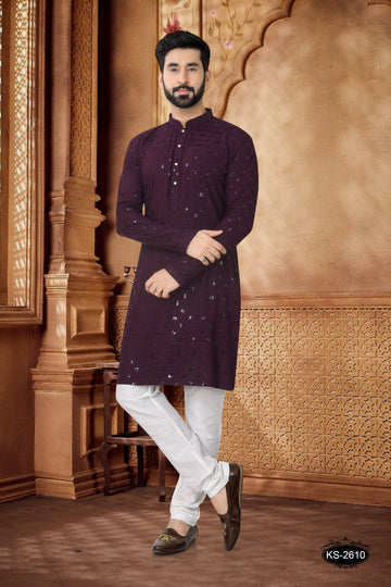 KURTA SET WITH THREAD EMBROIDERY IN WINE TONE