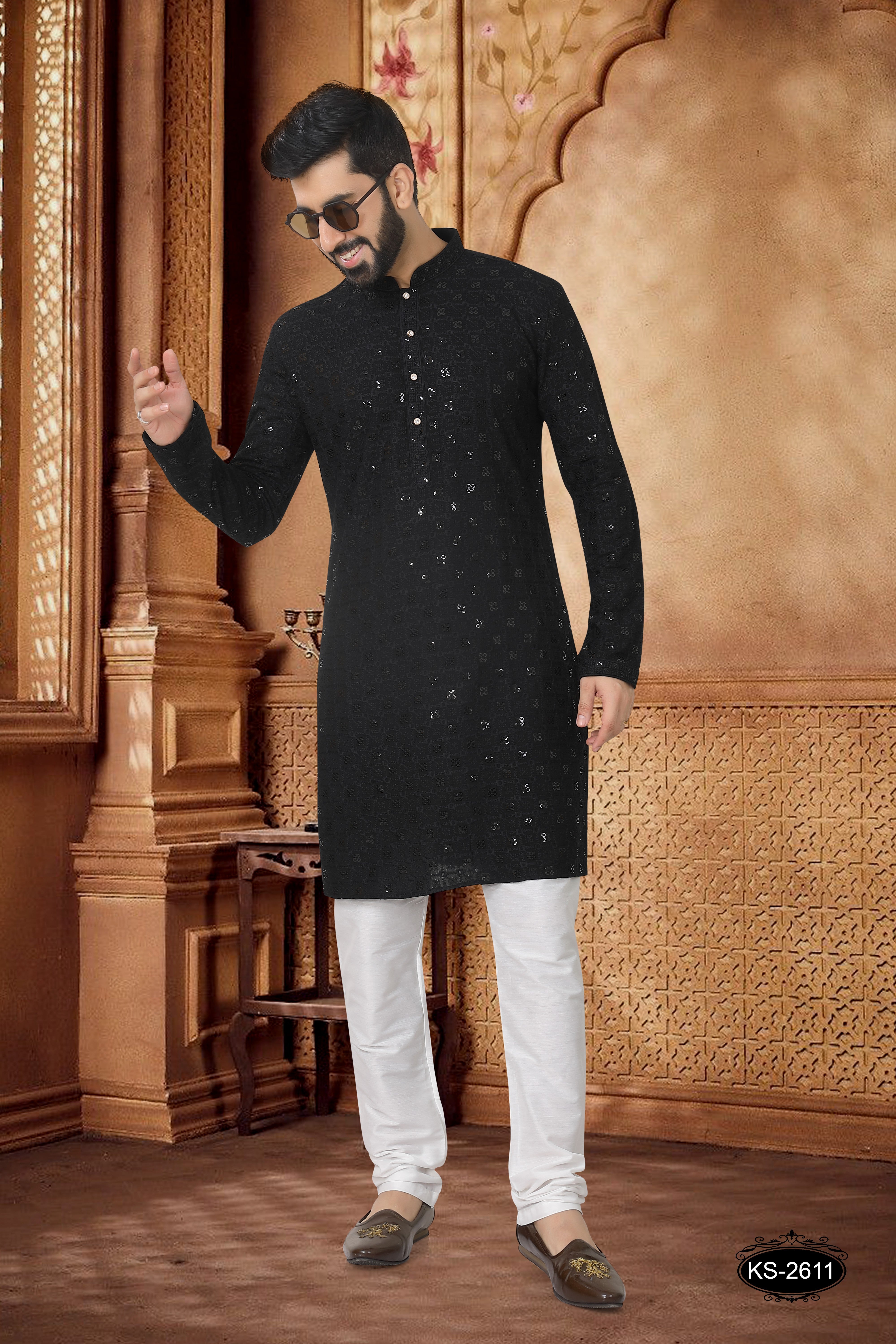 BLACK KURTA SET IN LAKHNAVI WITH THREAD EMBROIDERY