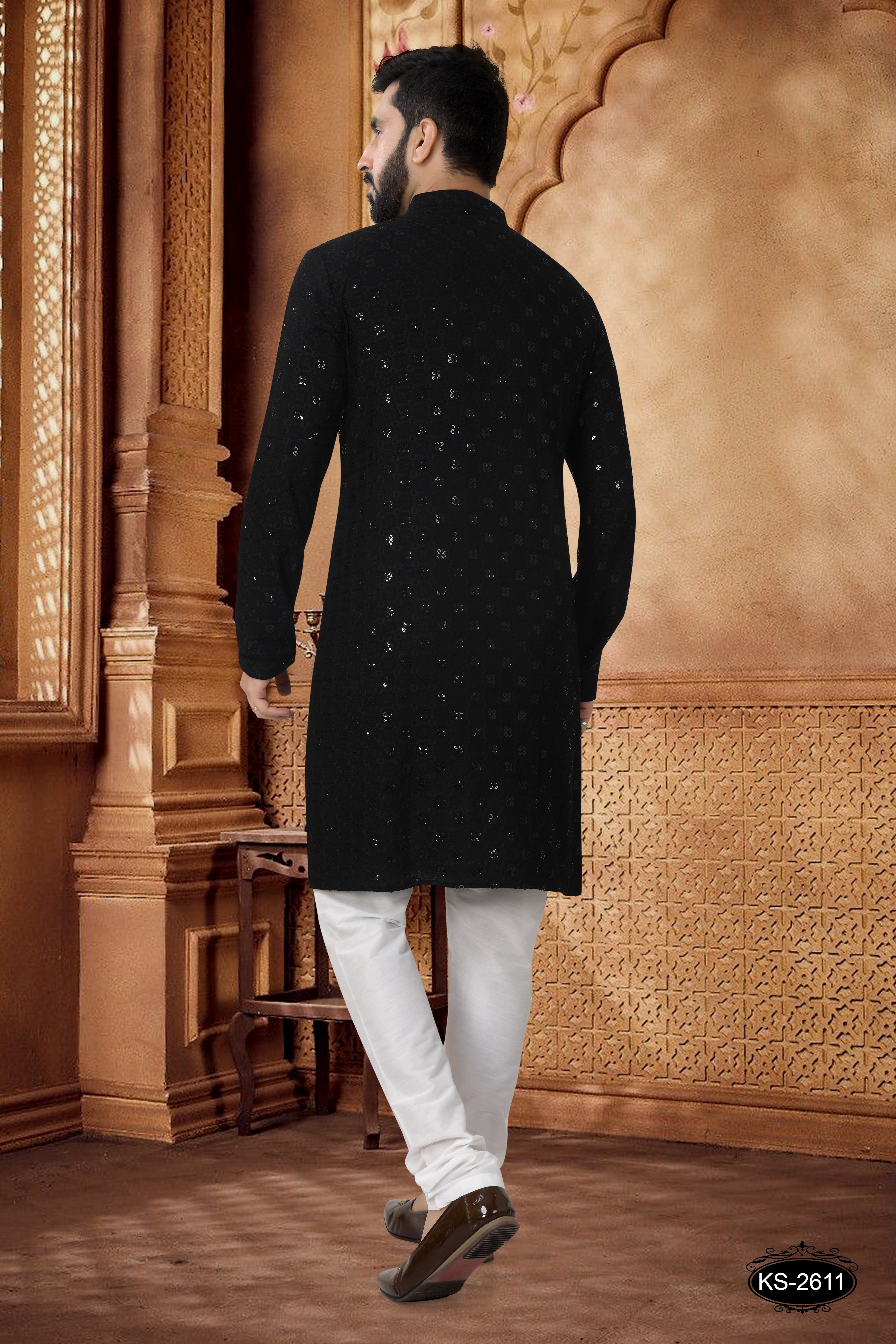 BLACK KURTA SET IN LAKHNAVI WITH THREAD EMBROIDERY