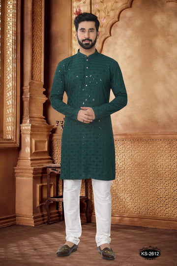 LAKHNAVI KURTA SET WITH THREAD EMBROIDERY IN GREEN