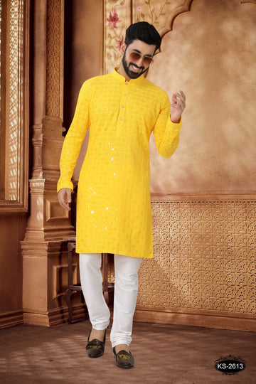 KURTA SET IN YELLOW HUE IN LAKHNAVI WITH THREAD EMBROIDERY ALL-OVER