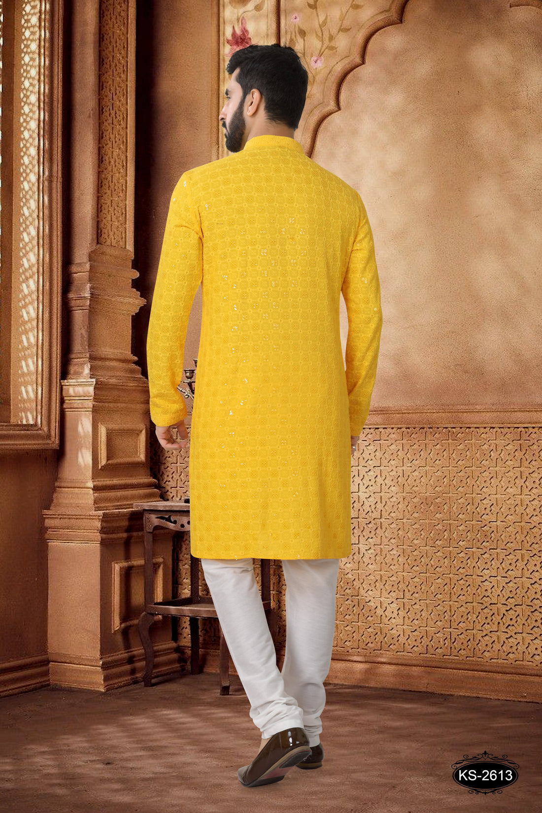 KURTA SET IN YELLOW HUE IN LAKHNAVI WITH THREAD EMBROIDERY ALL-OVER