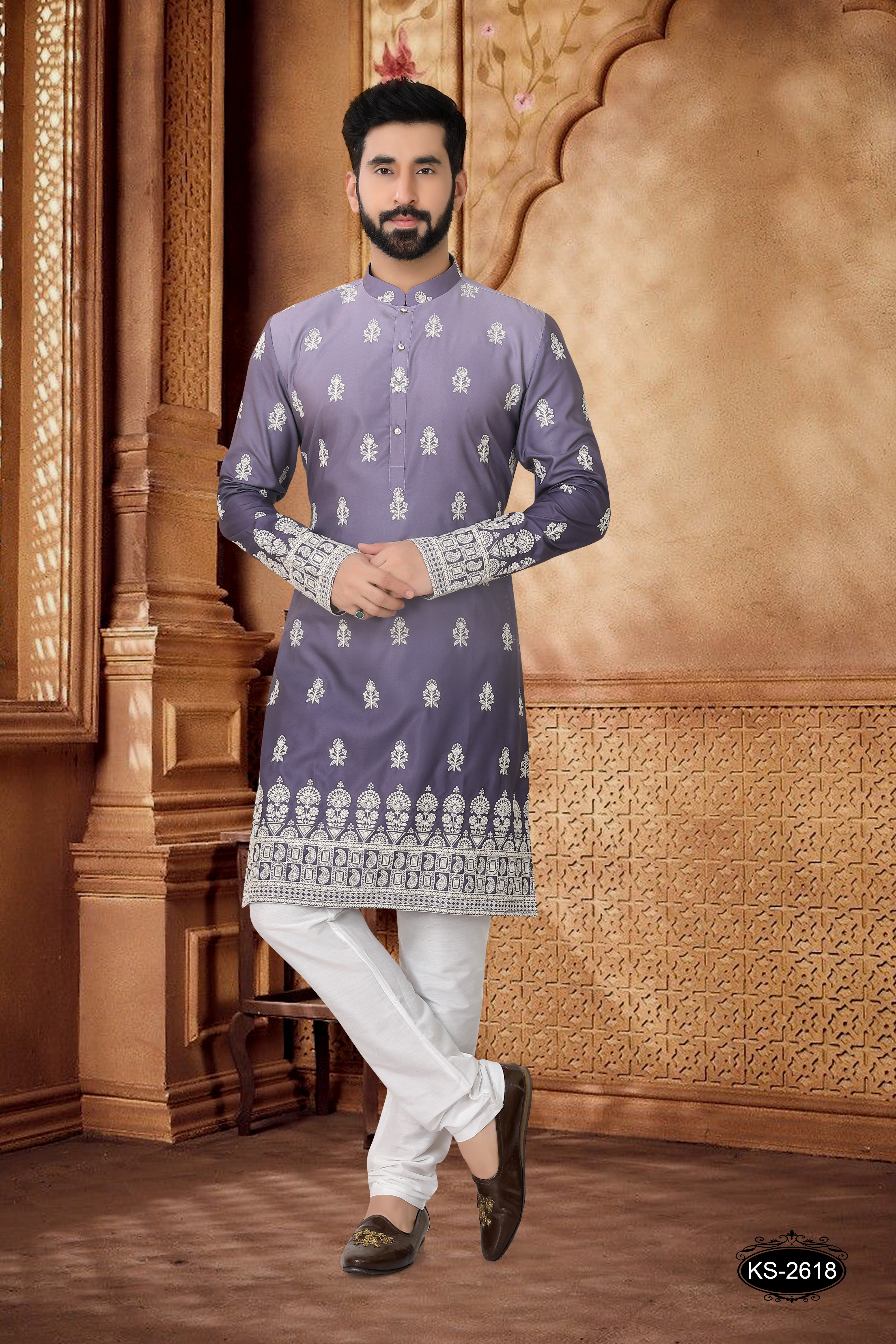 SHADED KURTA SET IN PURPLE WITH HEAVY PANEL EMBROIDERY