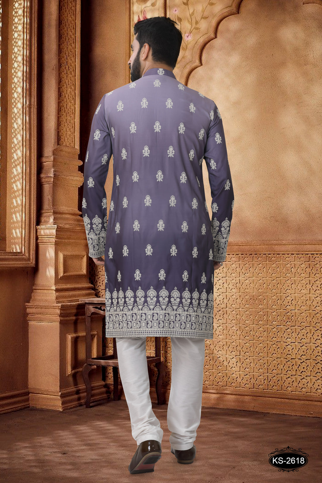SHADED KURTA SET IN PURPLE WITH HEAVY PANEL EMBROIDERY