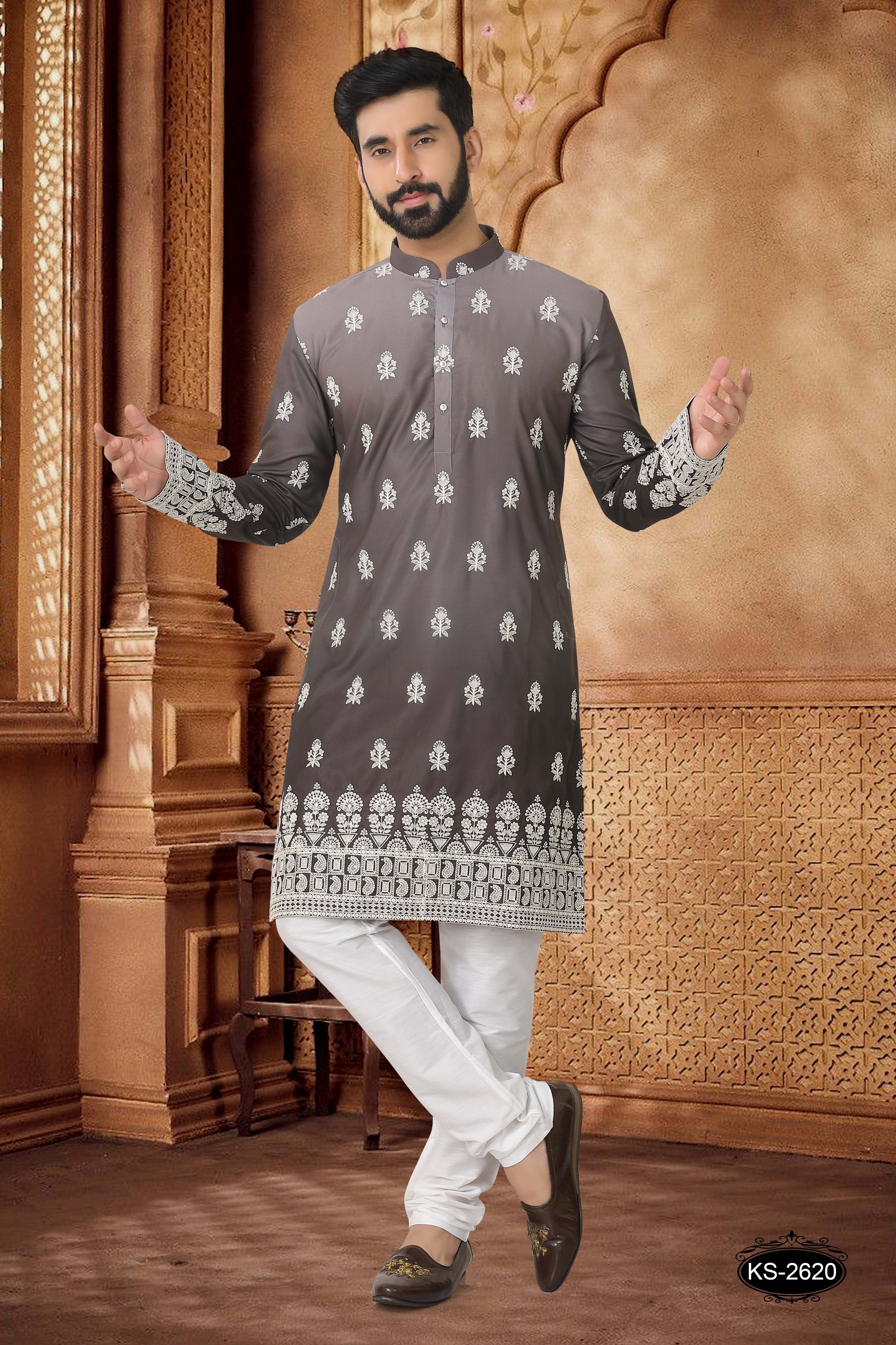 HEAVY EMBROIDERY PANEL SHADED KURTA SET IN GREY TONE