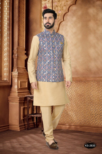 BLUE JACKET KURTA SET WITH THREAD EMBROIDERY ALL-OVER