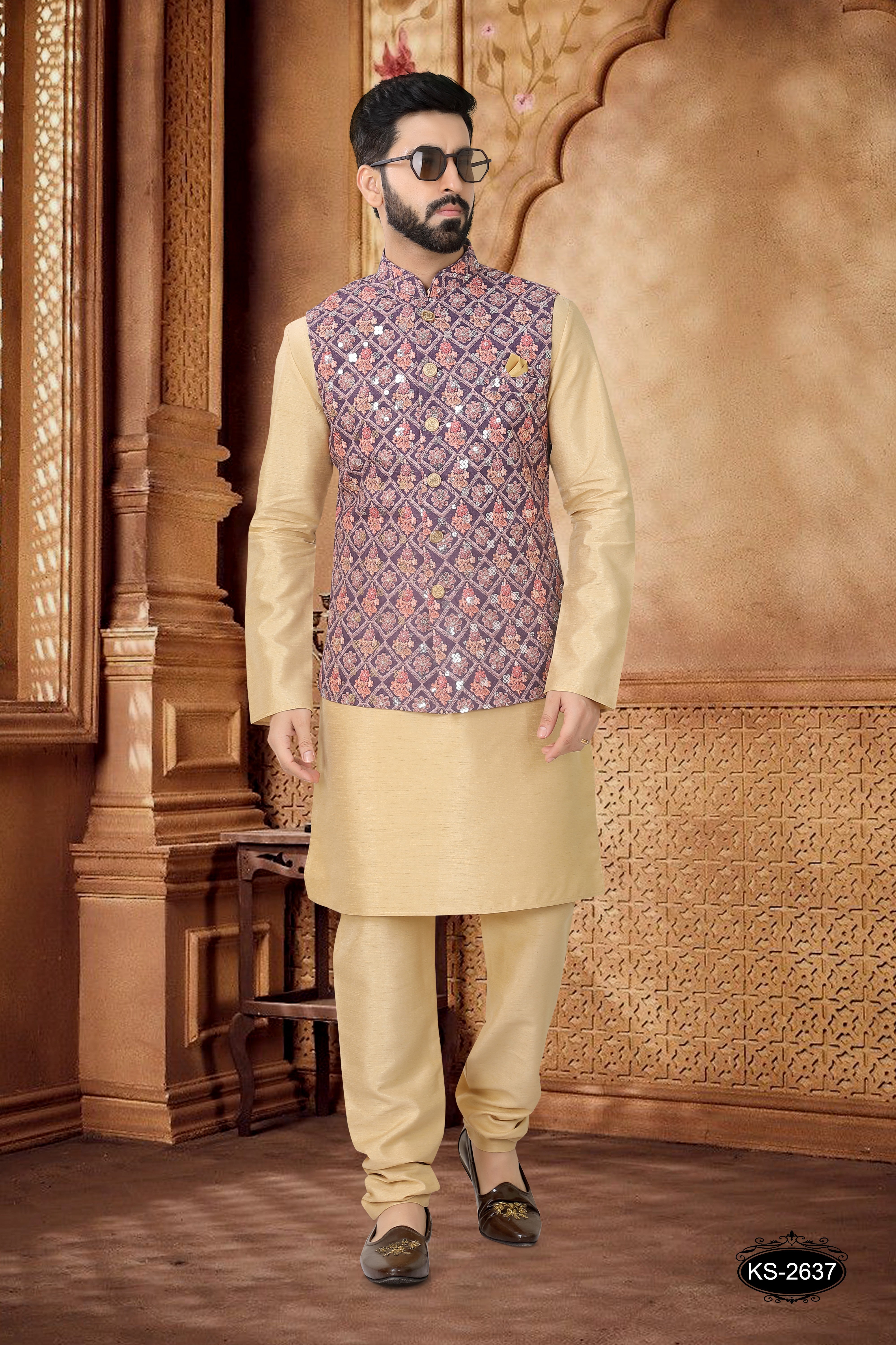 WINE JACKET KURTA SET WITH THREAD EMBROIDERY ALL-OVER