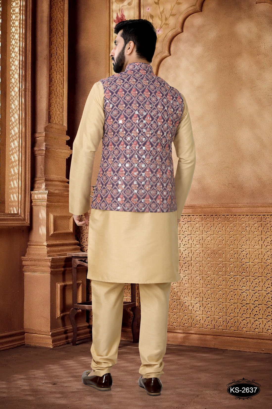 WINE JACKET KURTA SET WITH THREAD EMBROIDERY ALL-OVER