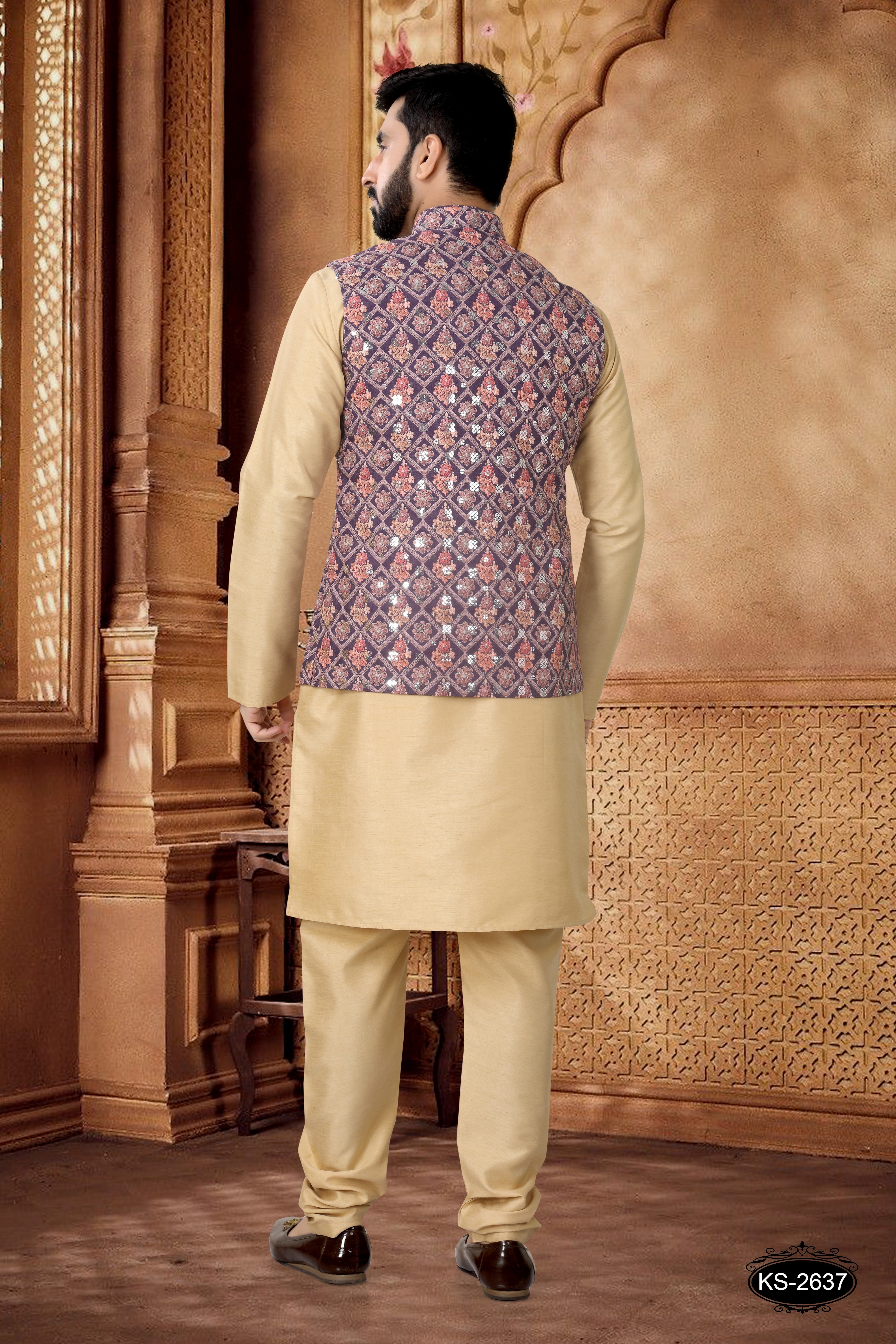 WINE JACKET KURTA SET WITH THREAD EMBROIDERY ALL-OVER