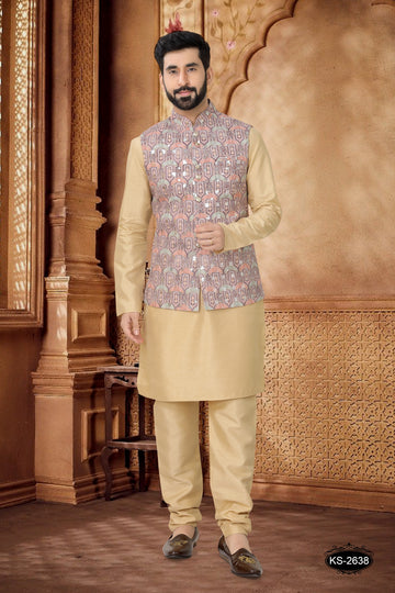 JACKET KURTA SET WITH THREAD EMBROIDERY IN  BROWN SHADE
