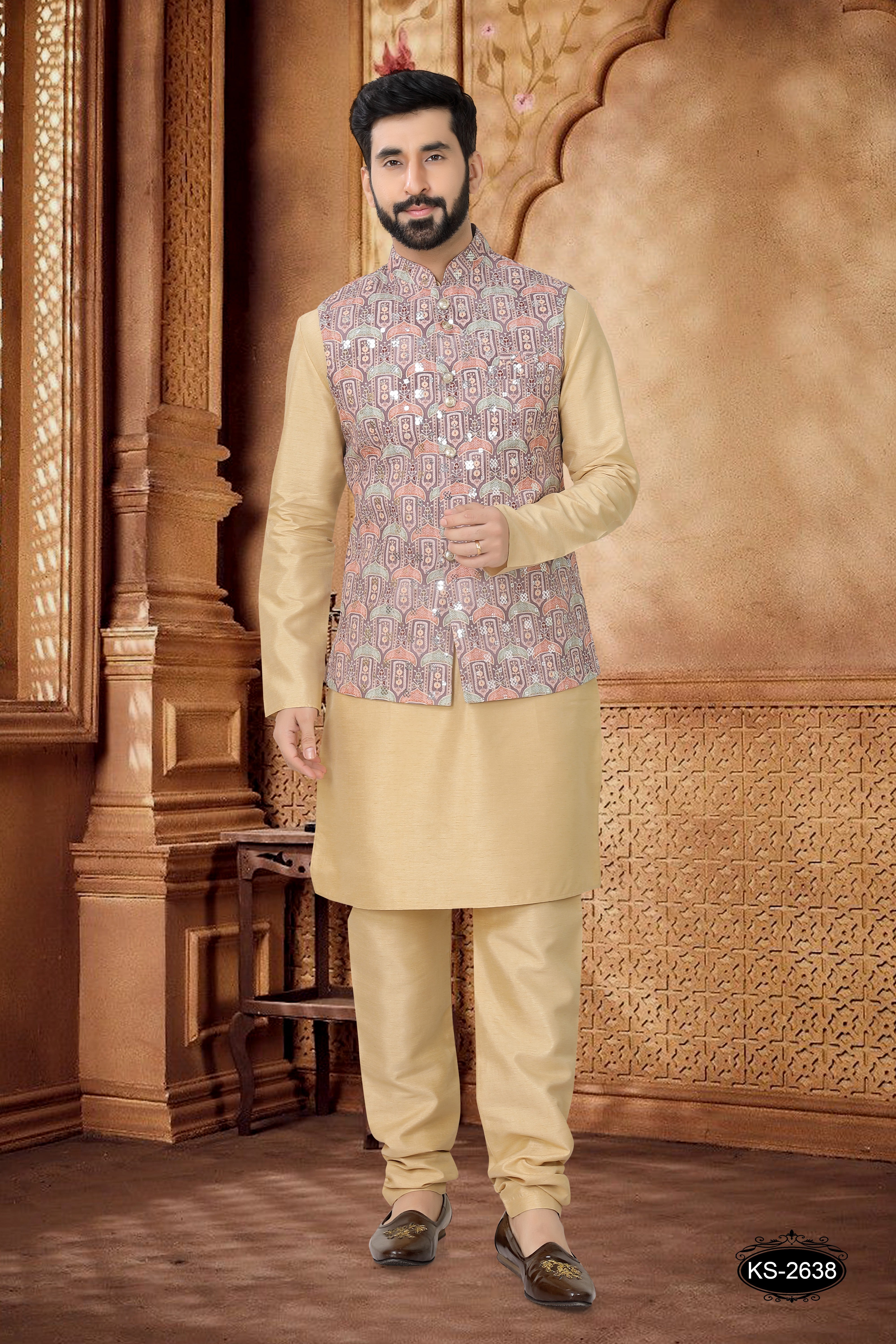 JACKET KURTA SET WITH THREAD EMBROIDERY IN  BROWN SHADE