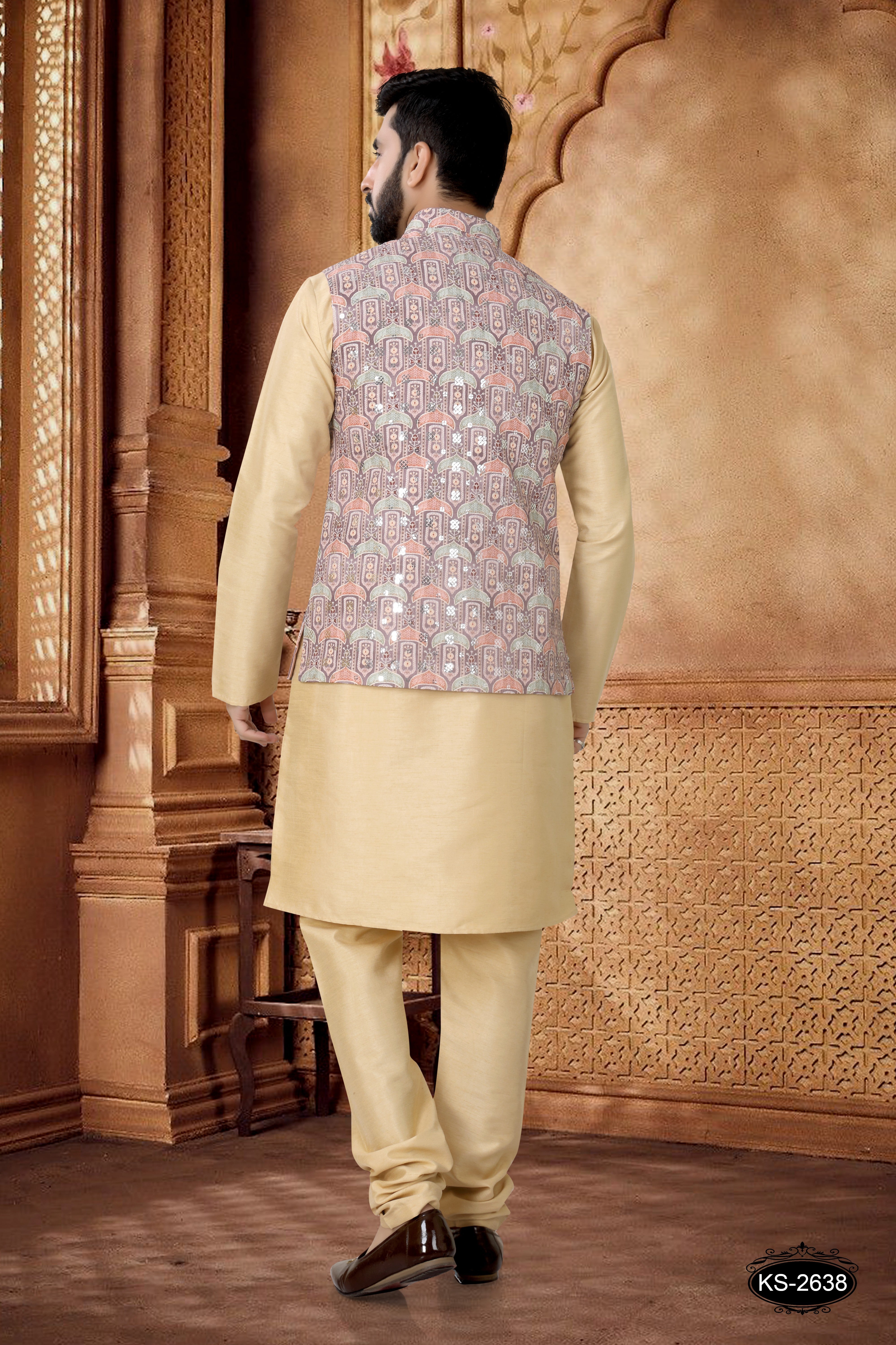 JACKET KURTA SET WITH THREAD EMBROIDERY IN  BROWN SHADE