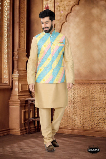 MULTI-TONE JACKET KURTA SET WITH THREAD EMBROIDERY ALL-OVER
