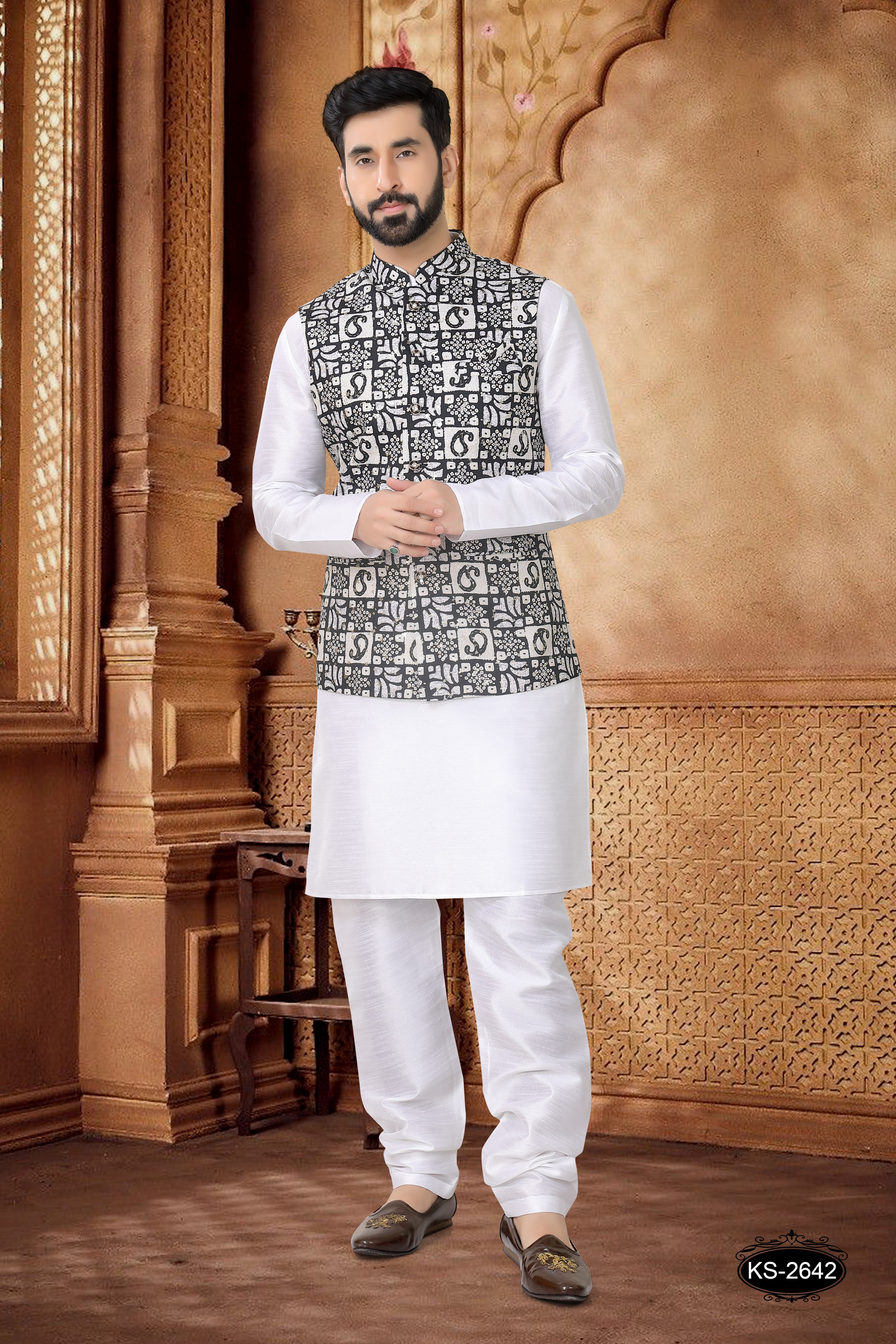 BLACK JACKET KURTA SET WITH FOIL-PRINT ALL OVER