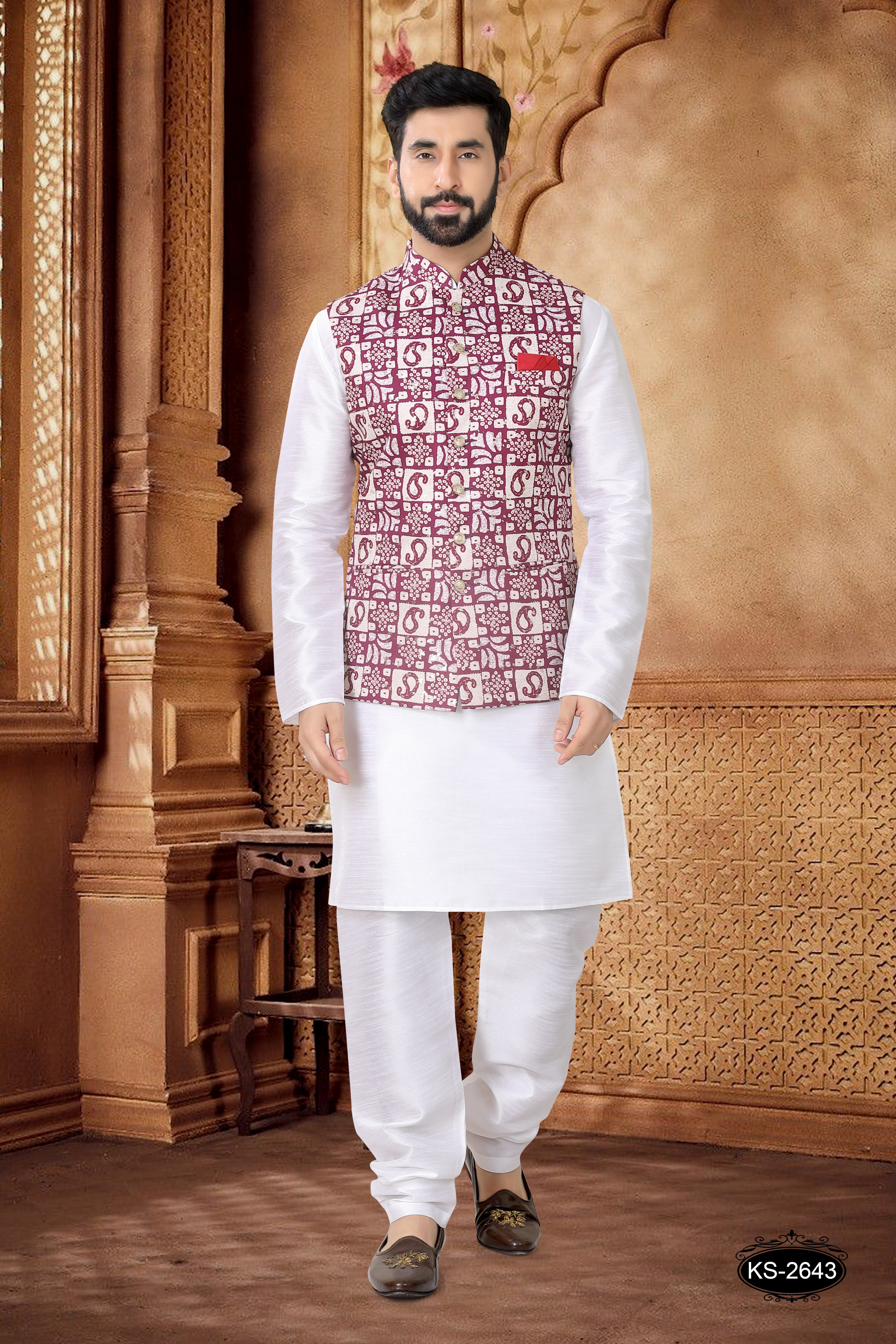FOIL-PRINT JACKET KURTA SET IN PURPLE