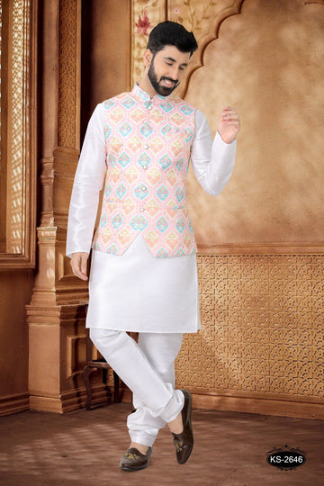 PINK JACKET KURTA SET IN FOIL-PRINT