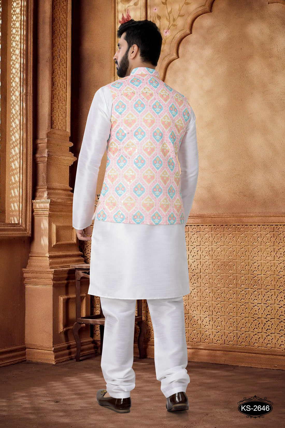 PINK JACKET KURTA SET IN FOIL-PRINT