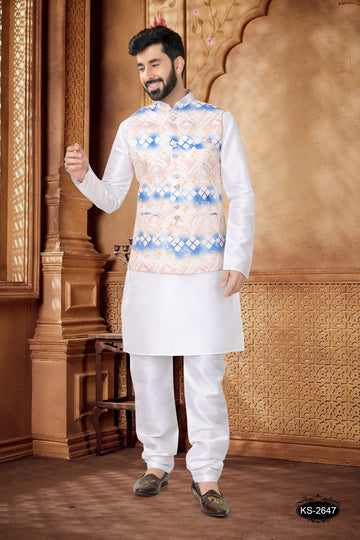 BLUE JACKET KURTA SET WITH FOIL-PRINT ALL-OVER