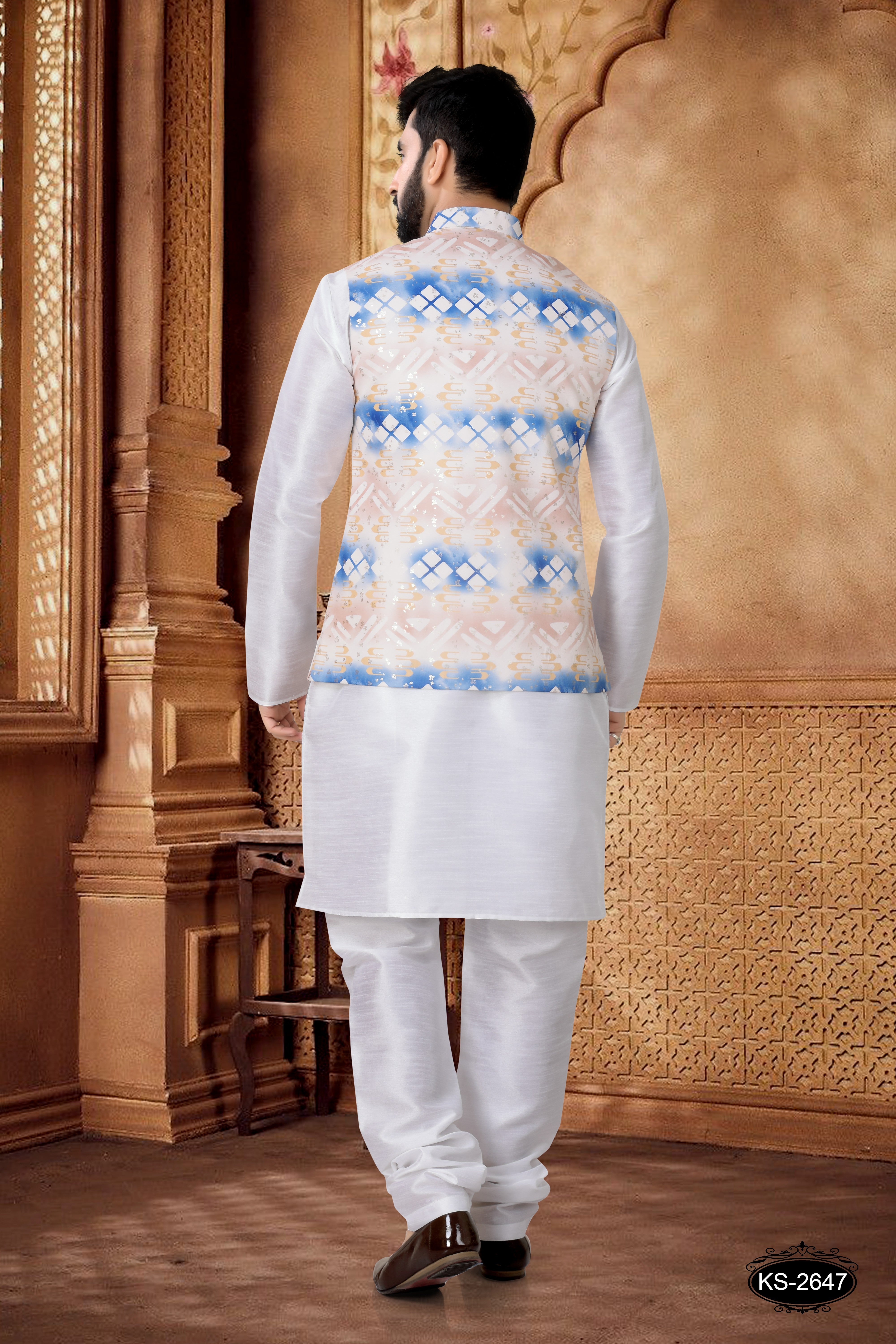 BLUE JACKET KURTA SET WITH FOIL-PRINT ALL-OVER