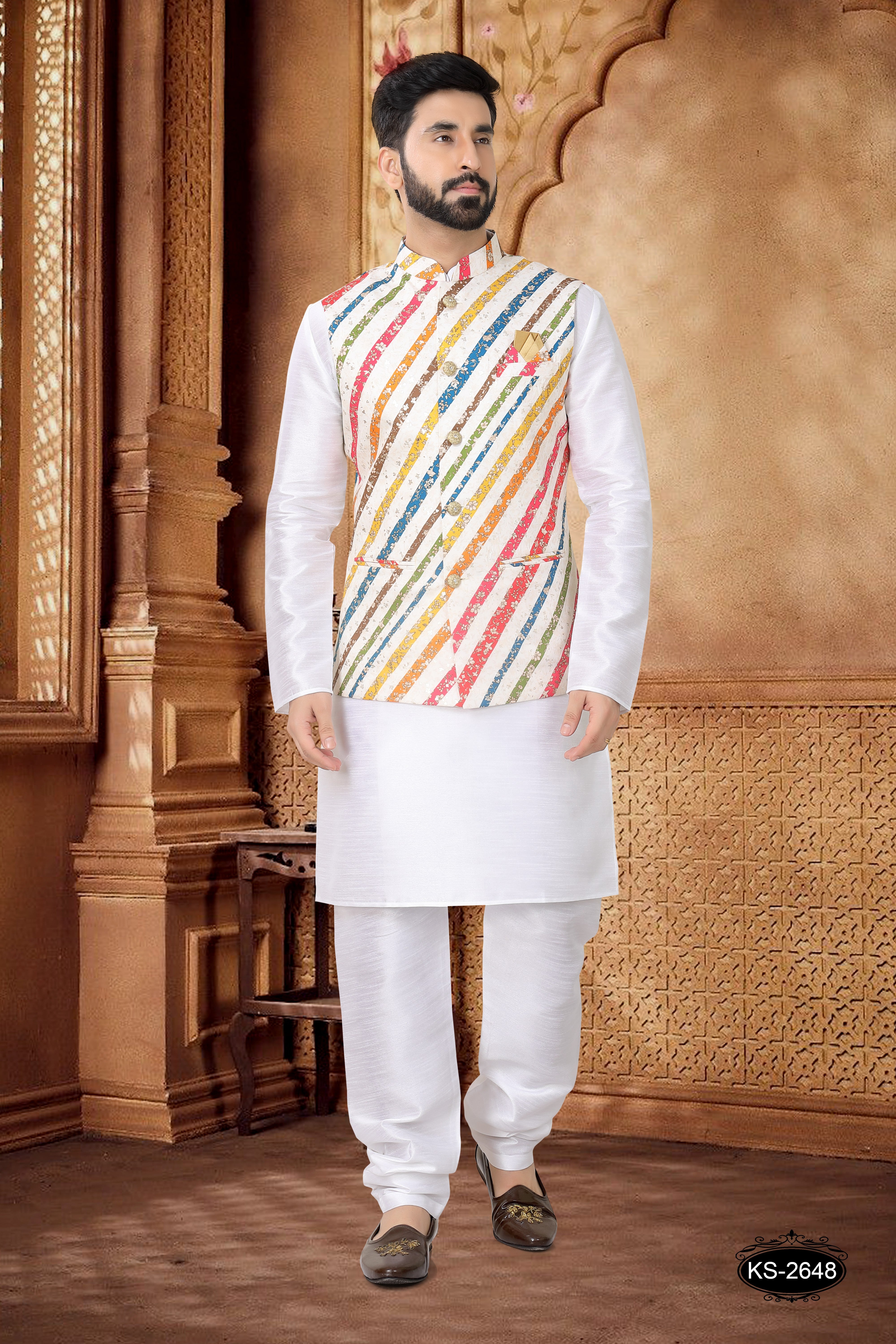 JACKET KURTA SET IN MULTI-TONE WITH FOIL-PRINT