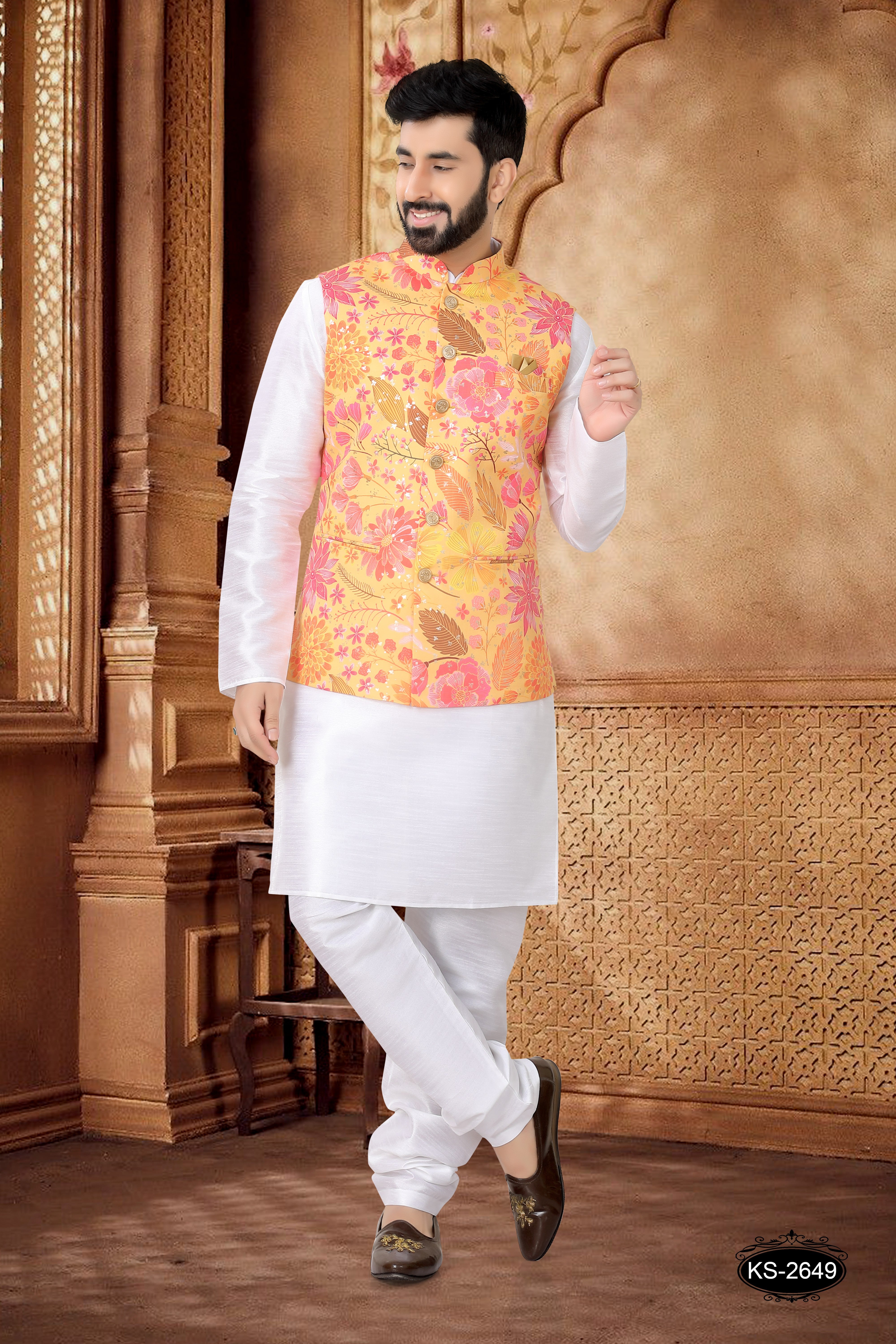 FLORAL FOIL-PRINT JACKET KURTA SET IN YELLOW HUE