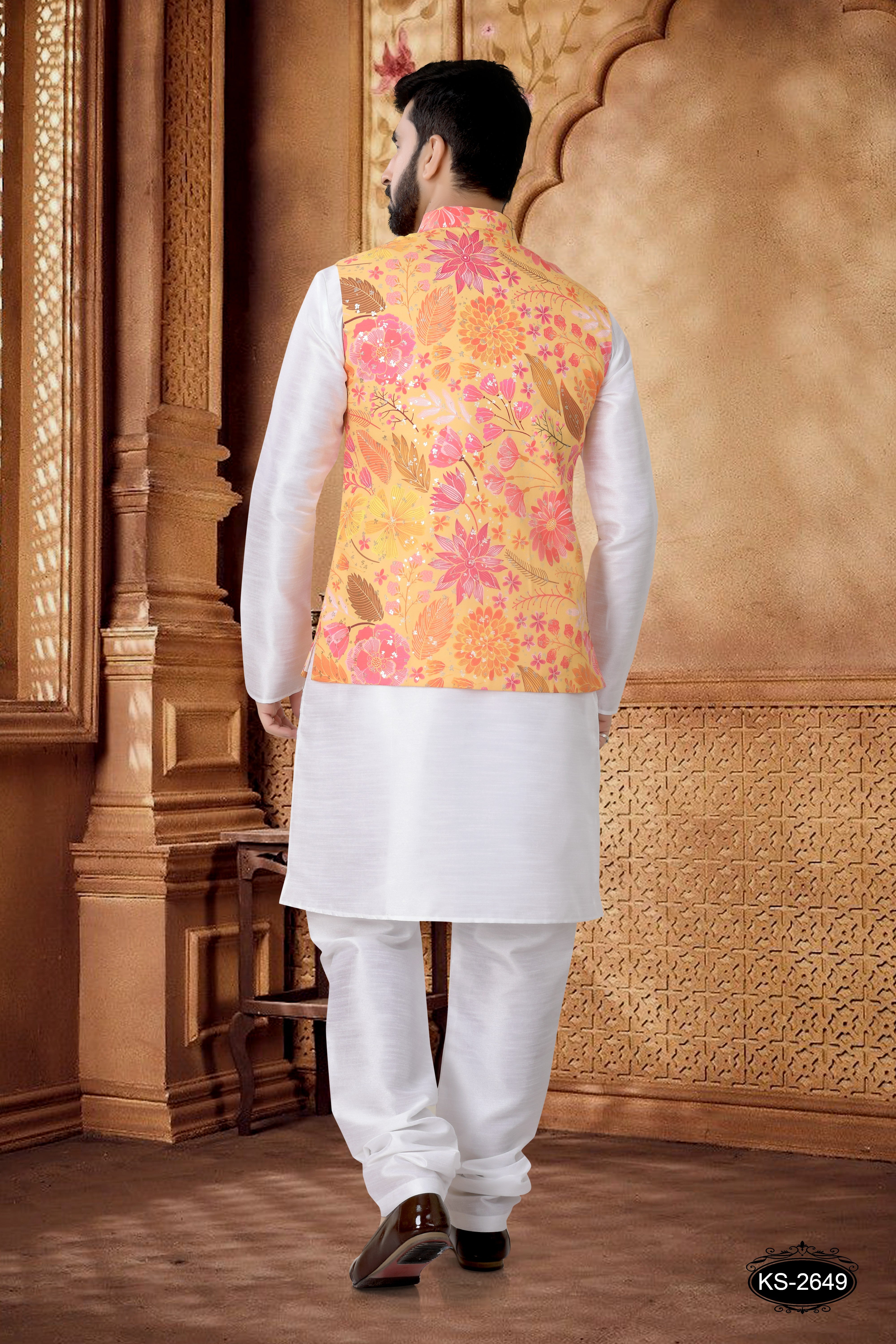 FLORAL FOIL-PRINT JACKET KURTA SET IN YELLOW HUE