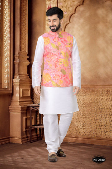 PINK FLORAL FOIL PRINT JACKET KURTA SET