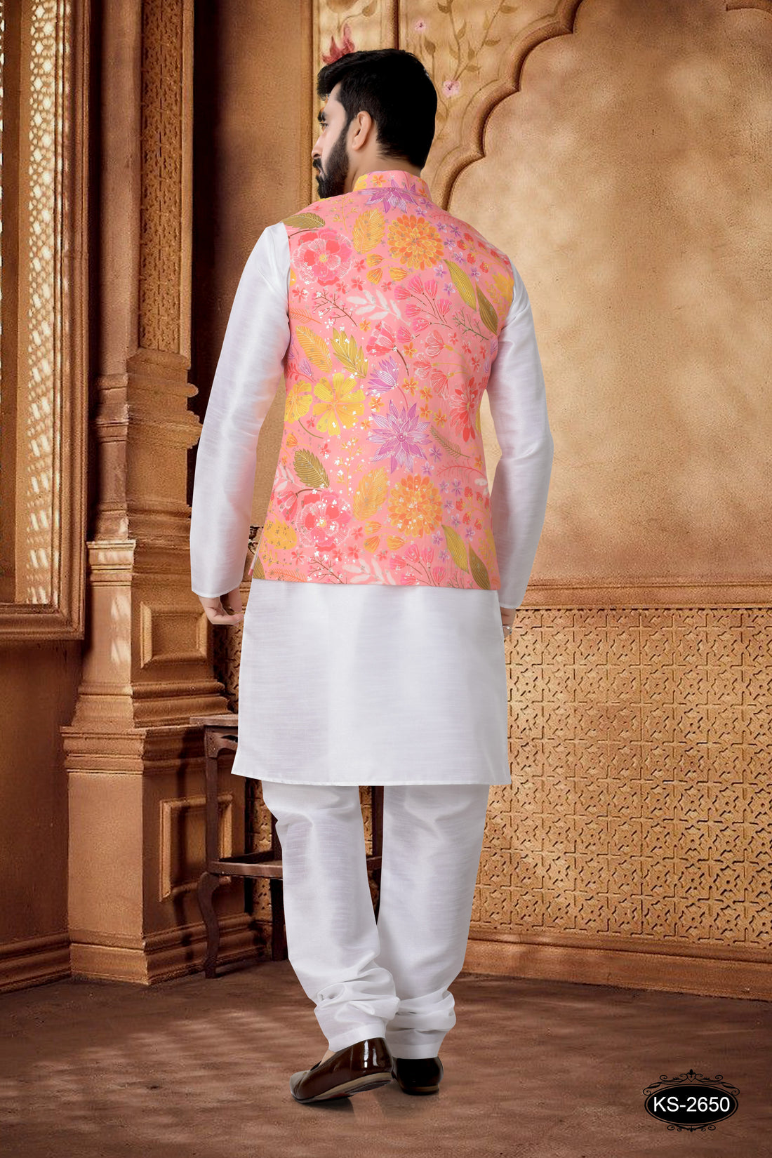 PINK FLORAL FOIL PRINT JACKET KURTA SET